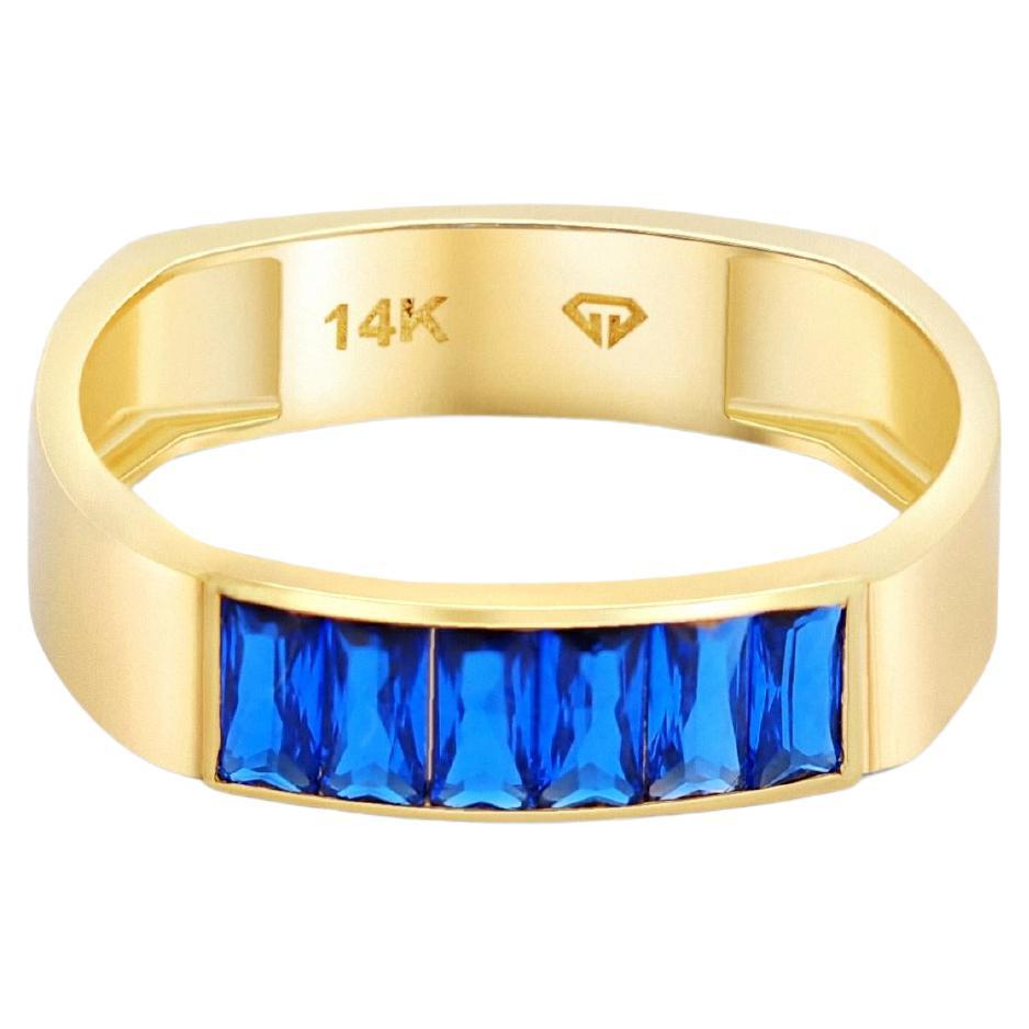 Baguette blue gemstones 14k gold half eternity ring
