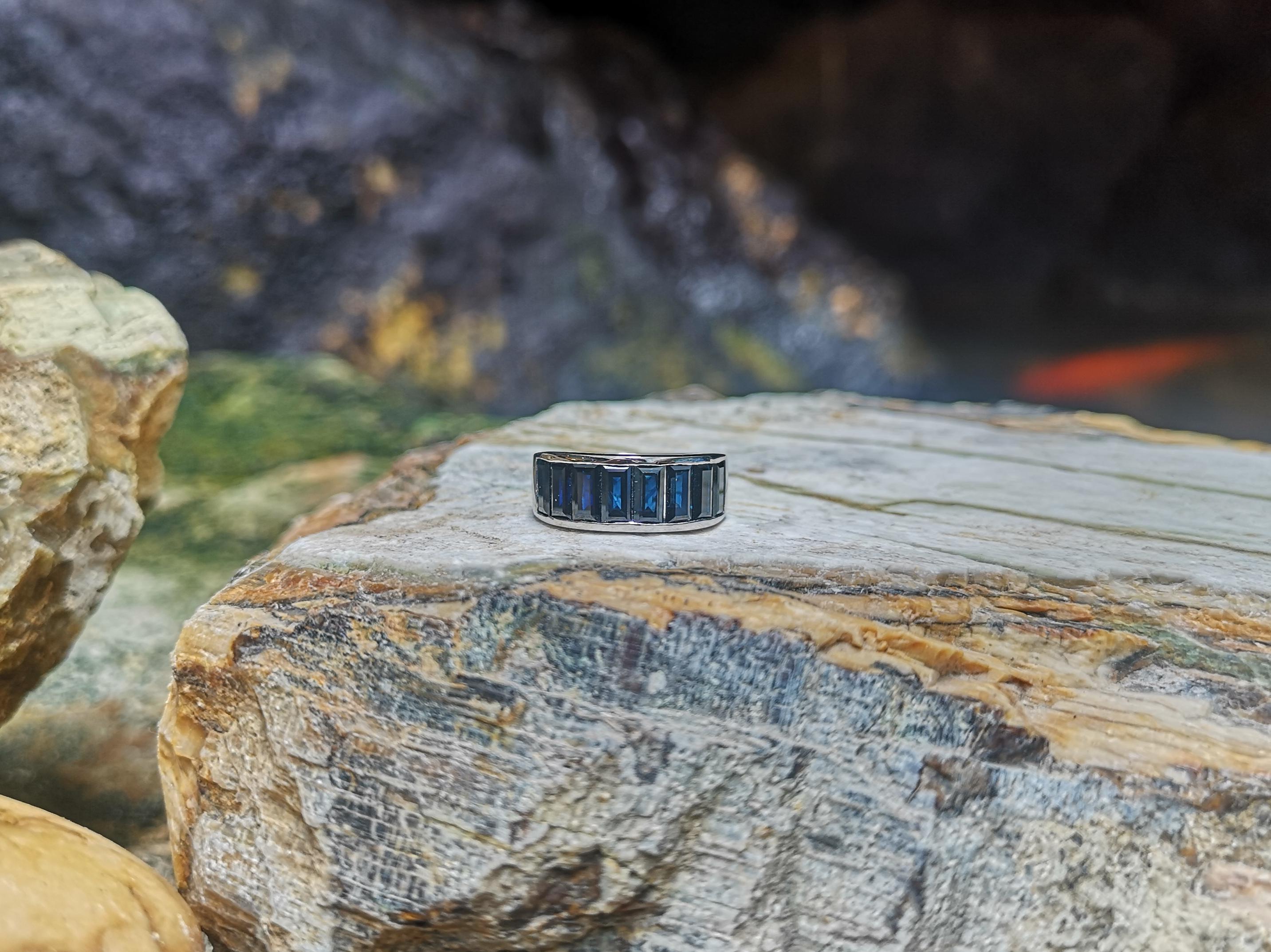 Emerald Cut Baguette Blue Sapphire Band Ring Set in 18 Karat White Gold Settings For Sale