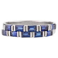 Baguette de saphir bleu Bague à barrette Cadeau pour elle en or blanc massif 18k