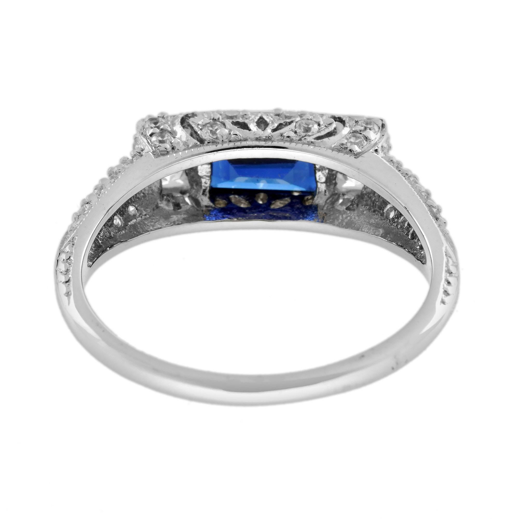 Zafiro Azul Baguette y Diamante Solitario Estilo Art Decó Anillo de Oro Blanco de 14K Corte esmeralda en venta