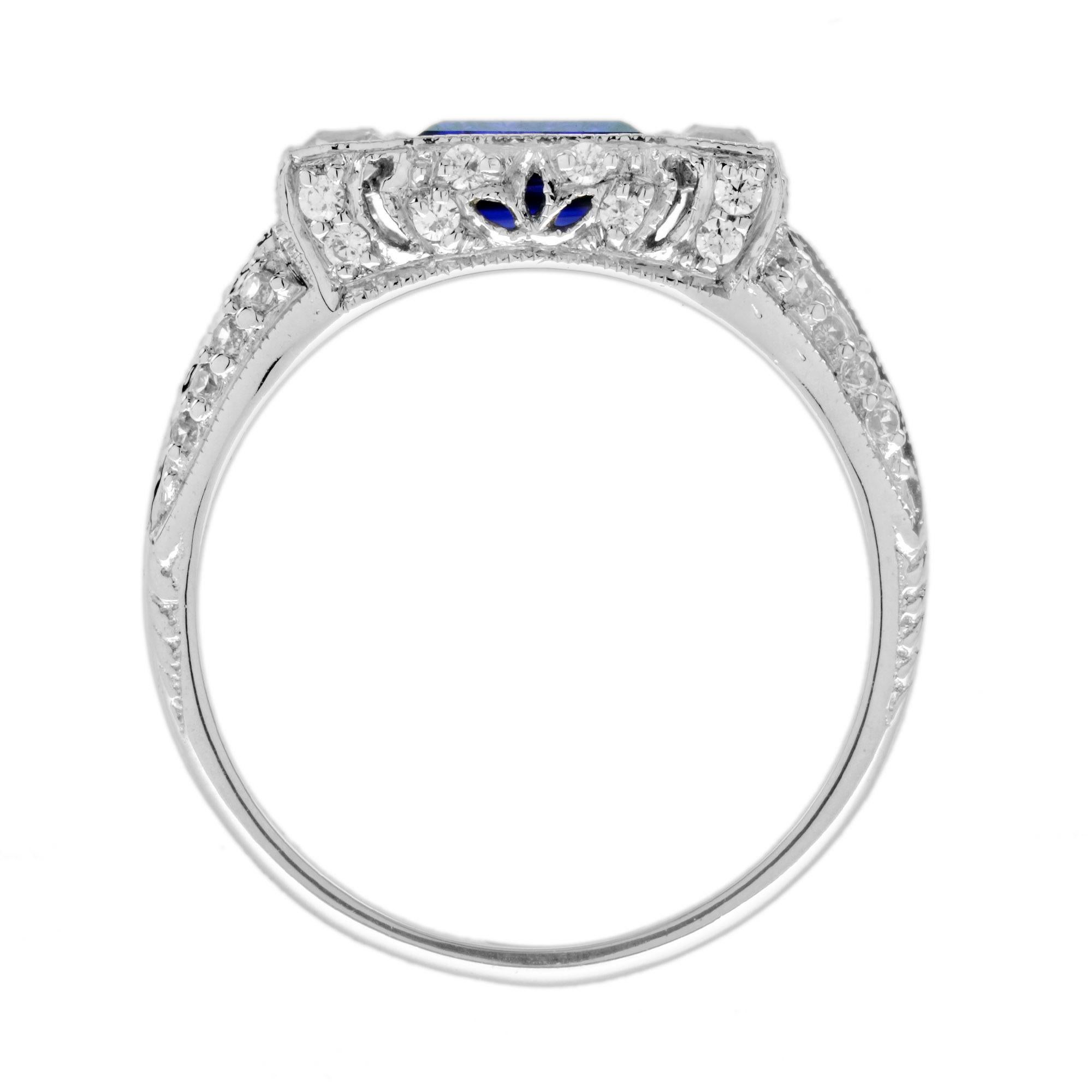 Zafiro Azul Baguette y Diamante Solitario Estilo Art Decó Anillo de Oro Blanco de 14K en Nuevo estado para la venta en Oakton, VA