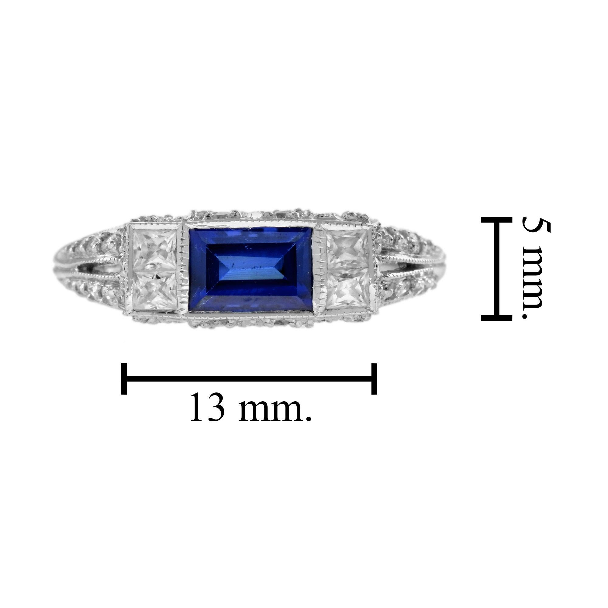De las mujeres Zafiro Azul Baguette y Diamante Solitario Estilo Art Decó Anillo de Oro Blanco de 14K en venta
