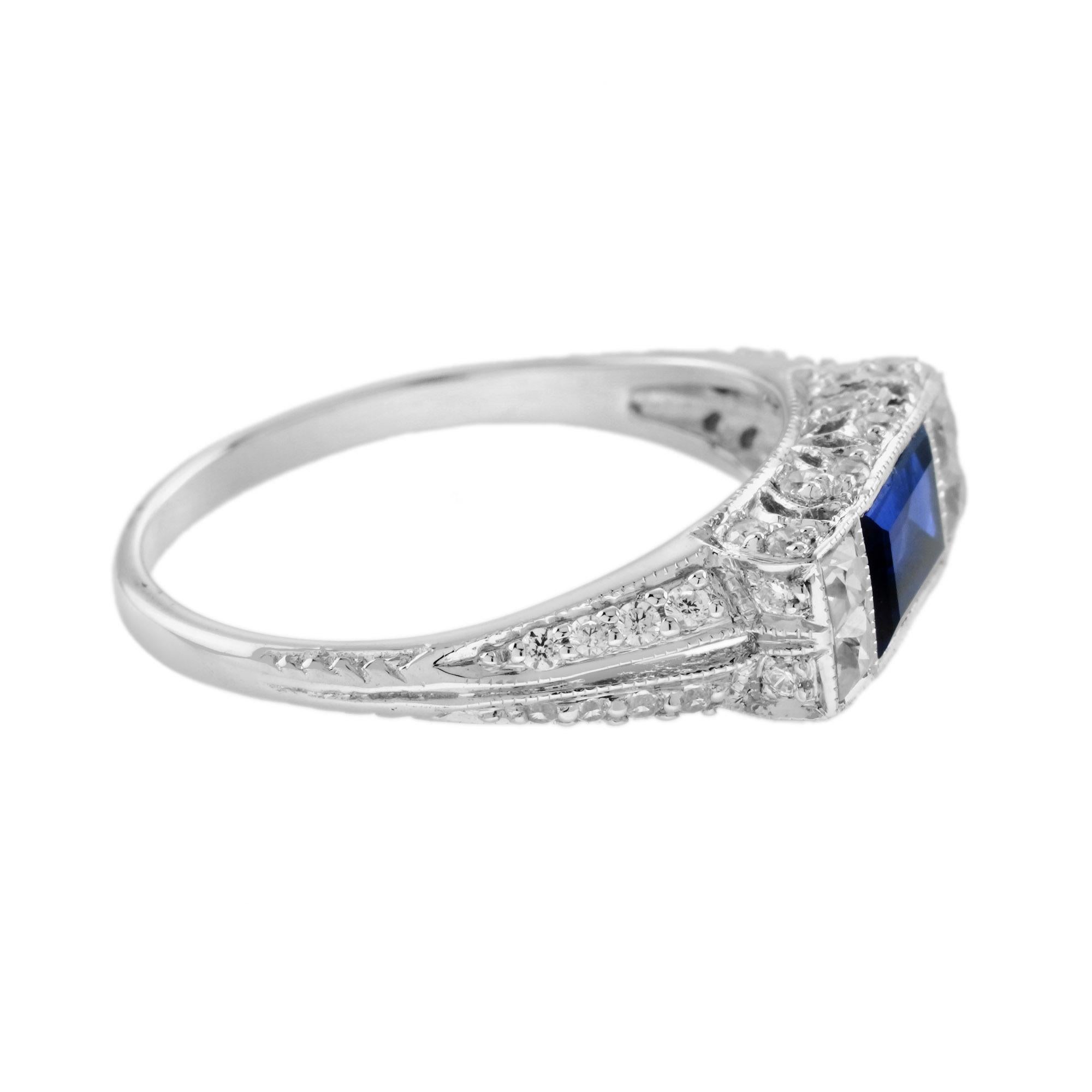 Zafiro Azul Baguette y Diamante Solitario Estilo Art Decó Anillo de Oro Blanco de 14K en venta 2