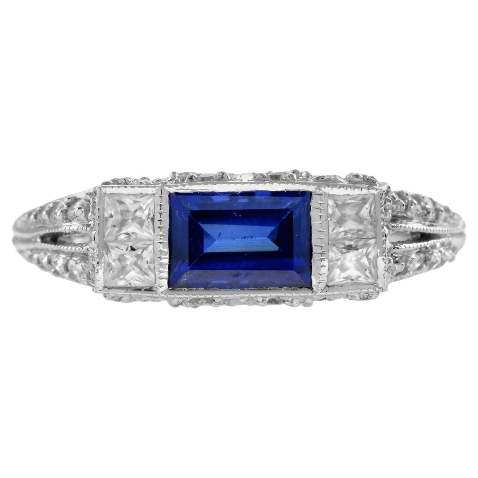 Zafiro Azul Baguette y Diamante Solitario Estilo Art Decó Anillo de Oro Blanco de 14K en venta