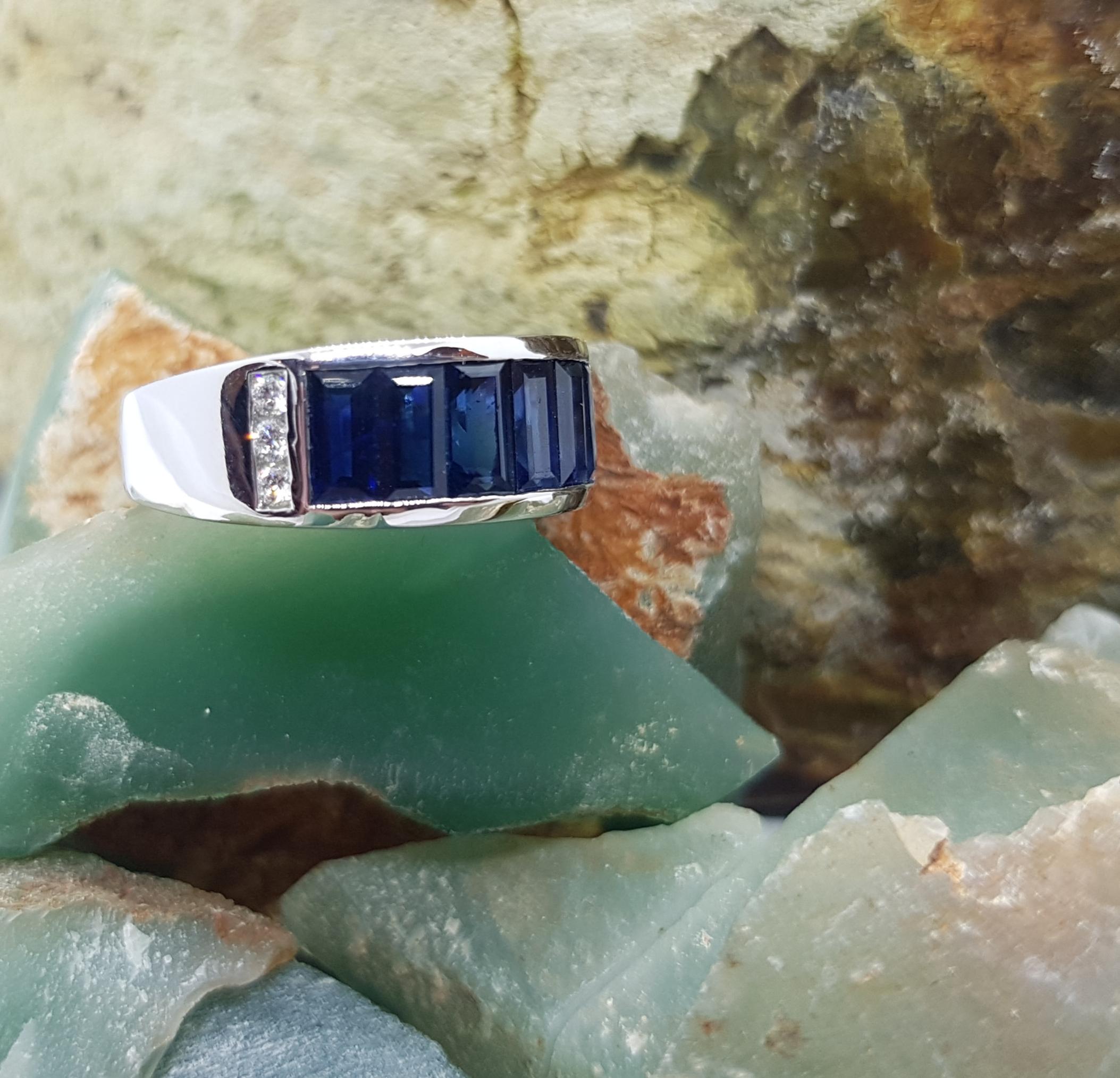 Baguette Blue Sapphire with Diamond Band Ring Set in 18 Karat White Gold  For Sale 1