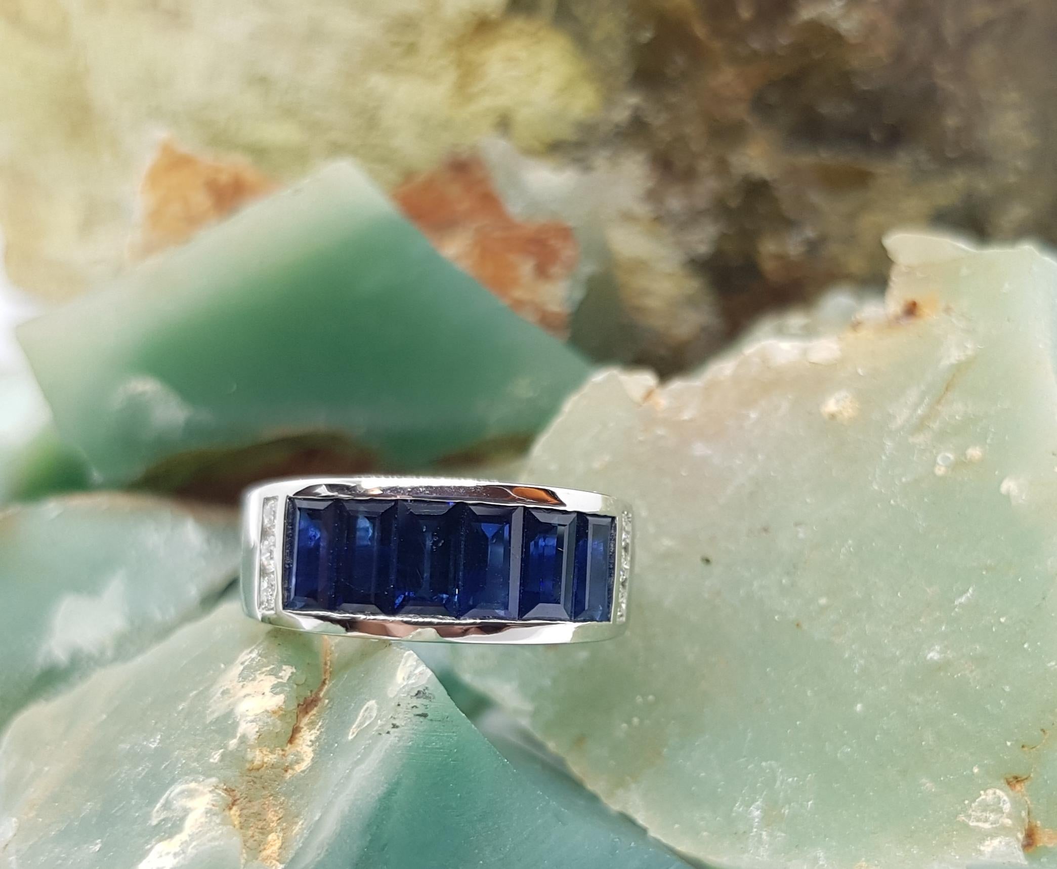 Baguette Blue Sapphire with Diamond Band Ring Set in 18 Karat White Gold  For Sale 2