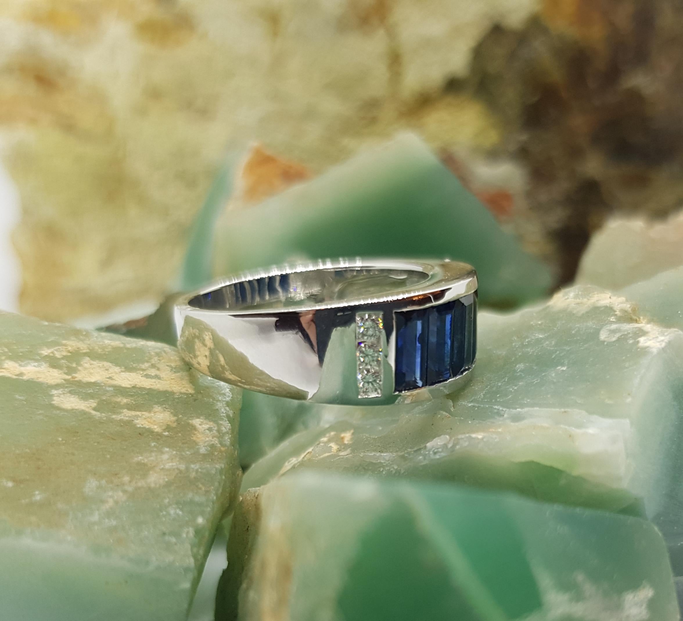 Baguette Blue Sapphire with Diamond Band Ring Set in 18 Karat White Gold  For Sale 3