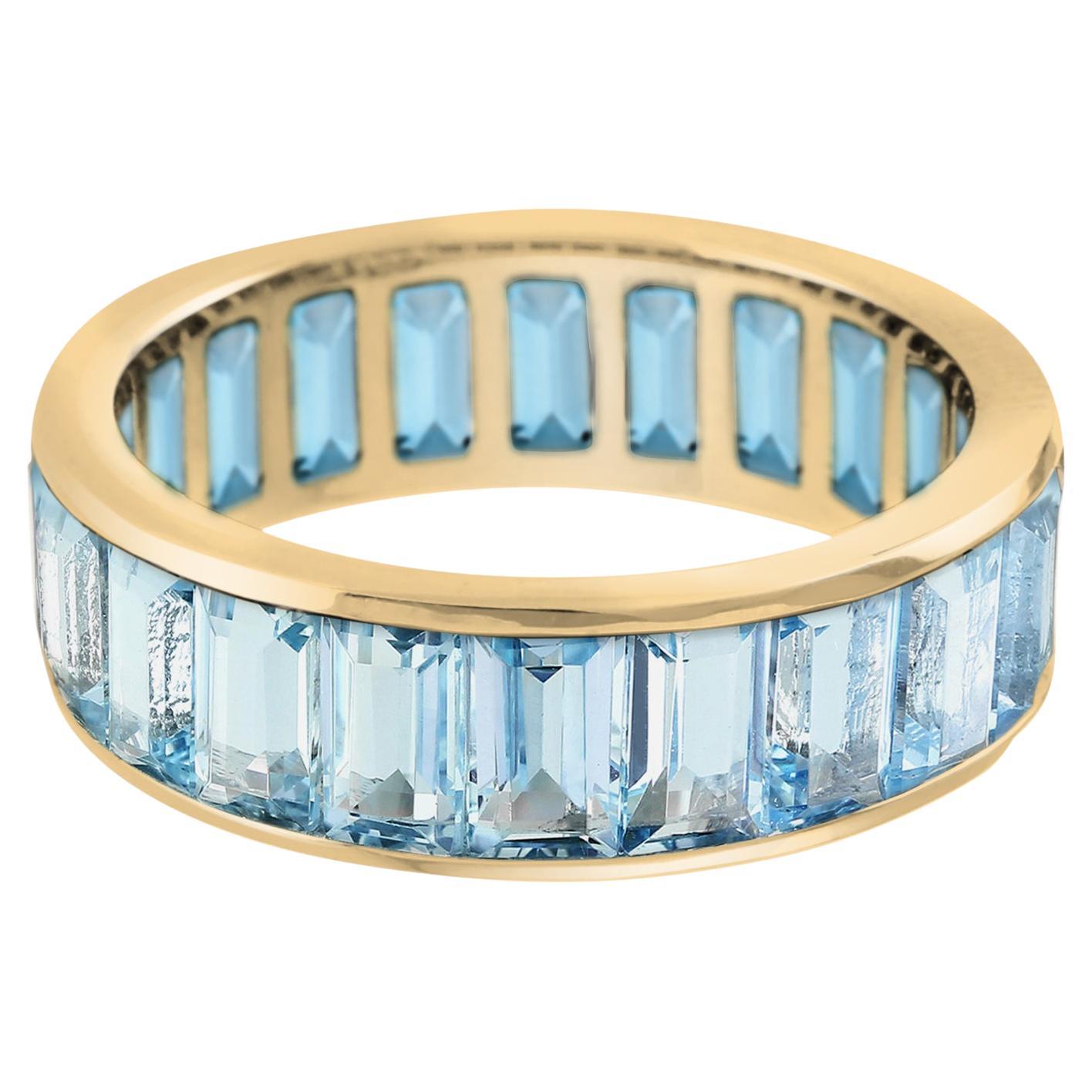 Baguette Blue Topaz Eternity Band Ring in 18K Yellow Gold For Sale