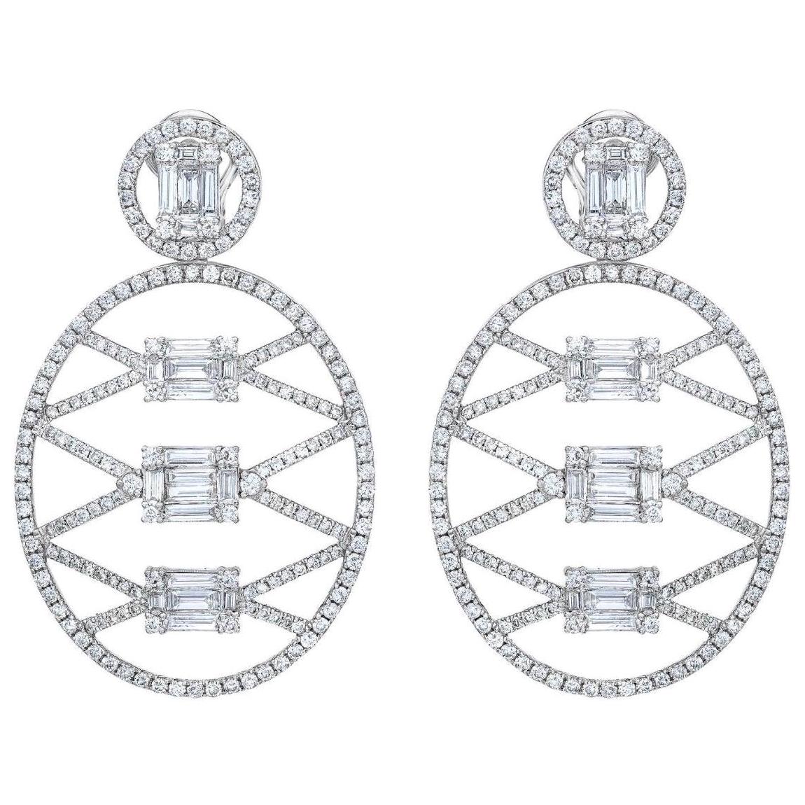 Boucles d'oreilles en diamant de 3,85 carats, taille baguette et brillant, style treillis en vente
