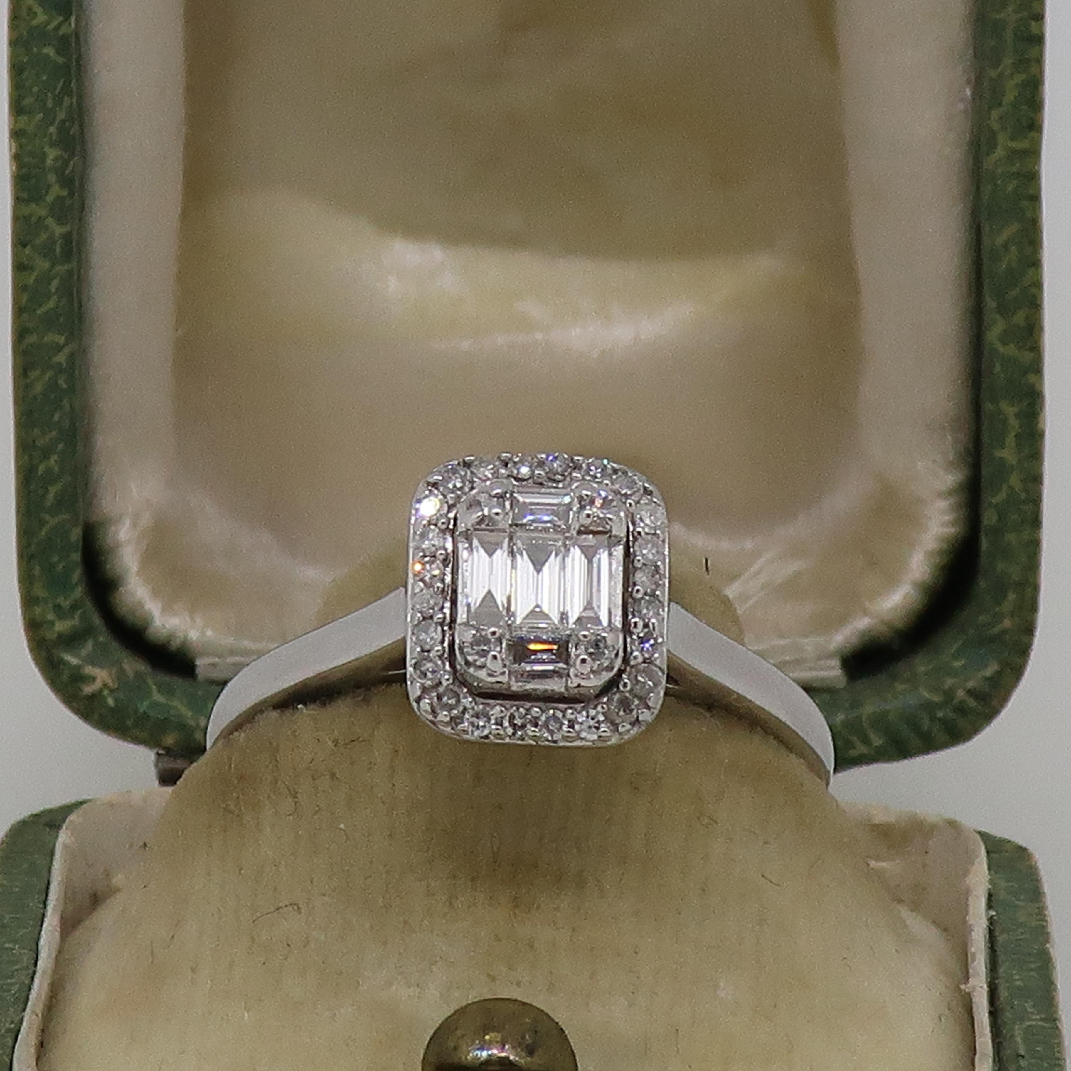 Baguette Cut Baguette & Brilliant Cut Diamond Cluster Ring 18 Karat White Gold