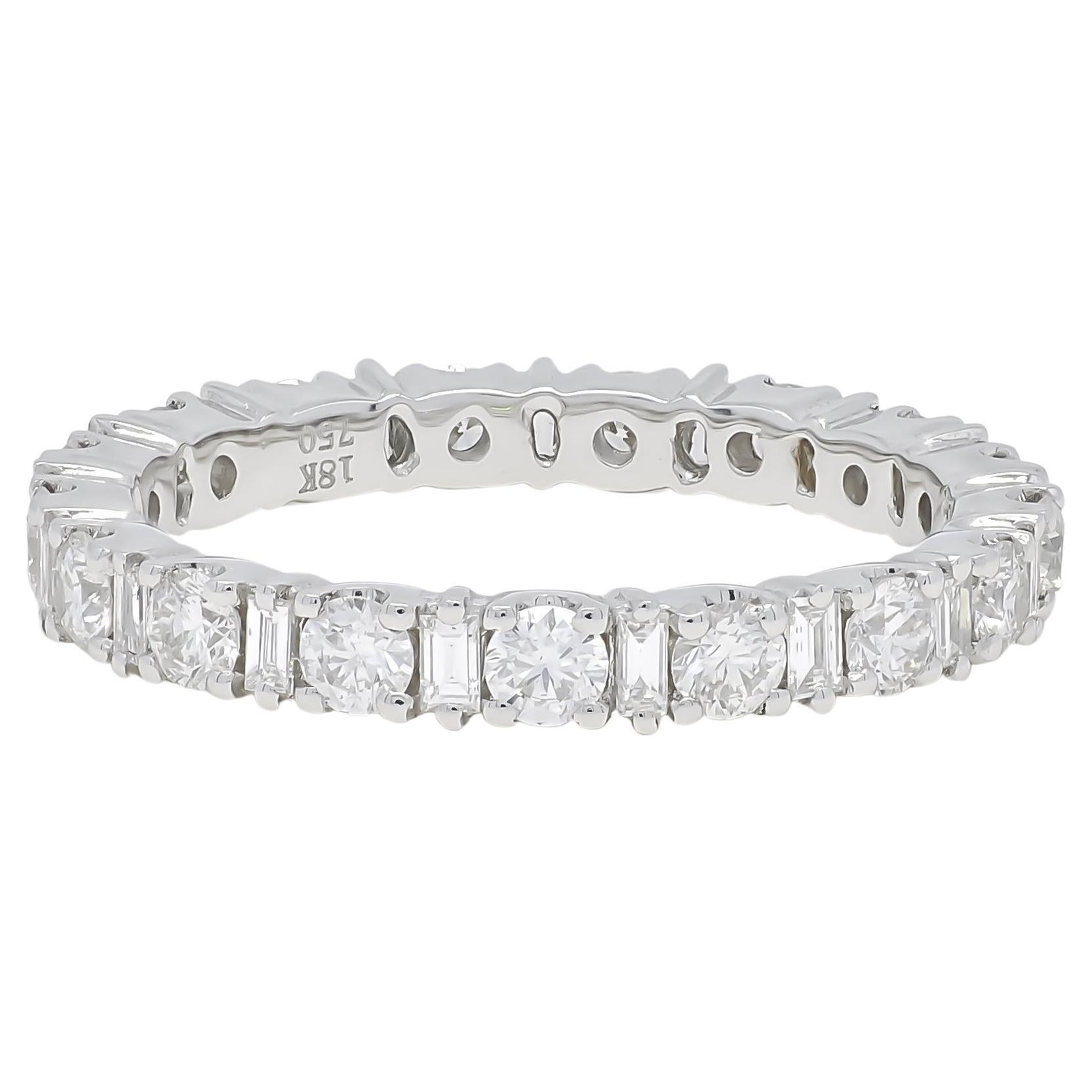 18K White Gold Baguette and Round Natural Diamonds Anniversary Eternity Ring