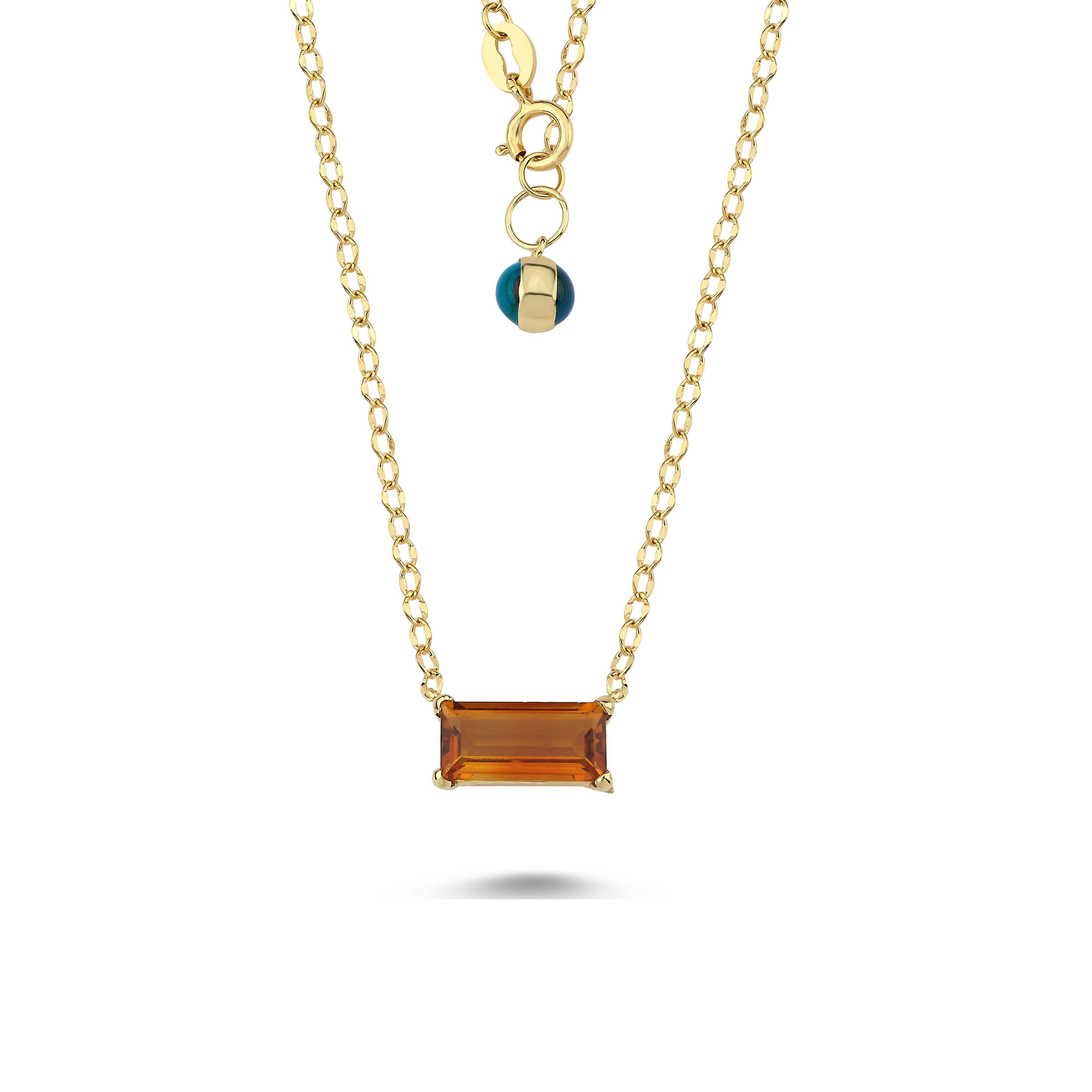 Modern 14k Gold Baguette Citrine Solitaire Chain Necklace For Sale