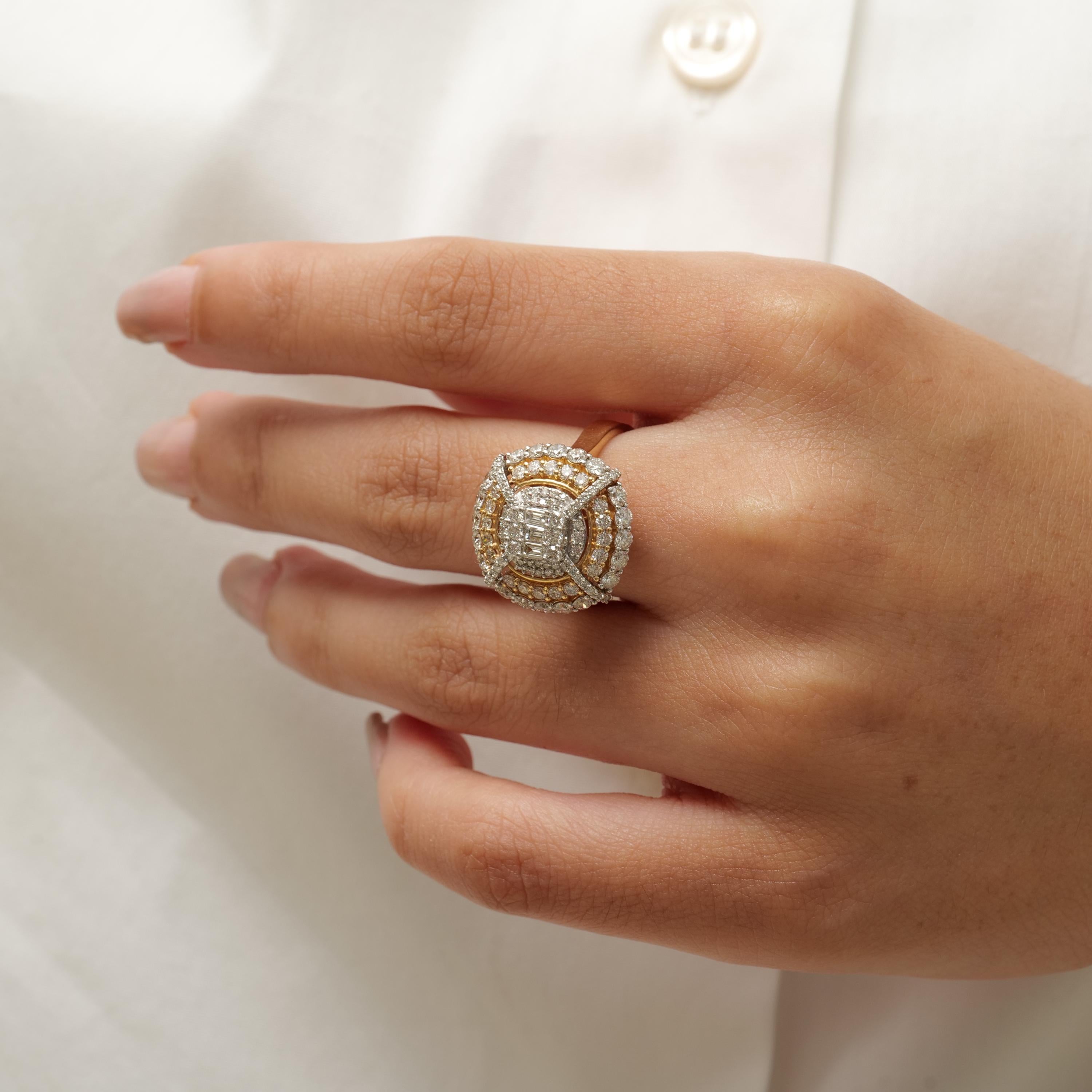 Baguette-Cluster-Diamantring aus 14 Karat massivem Gold (zertifiziert) (Art déco) im Angebot