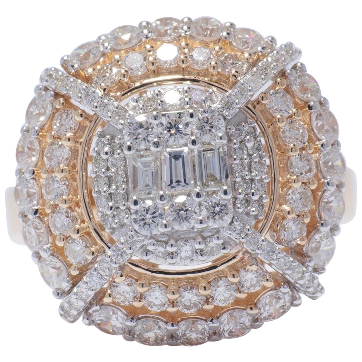 Anillo de diamantes en racimo baguette en oro macizo de 14 quilates (certificado) en venta