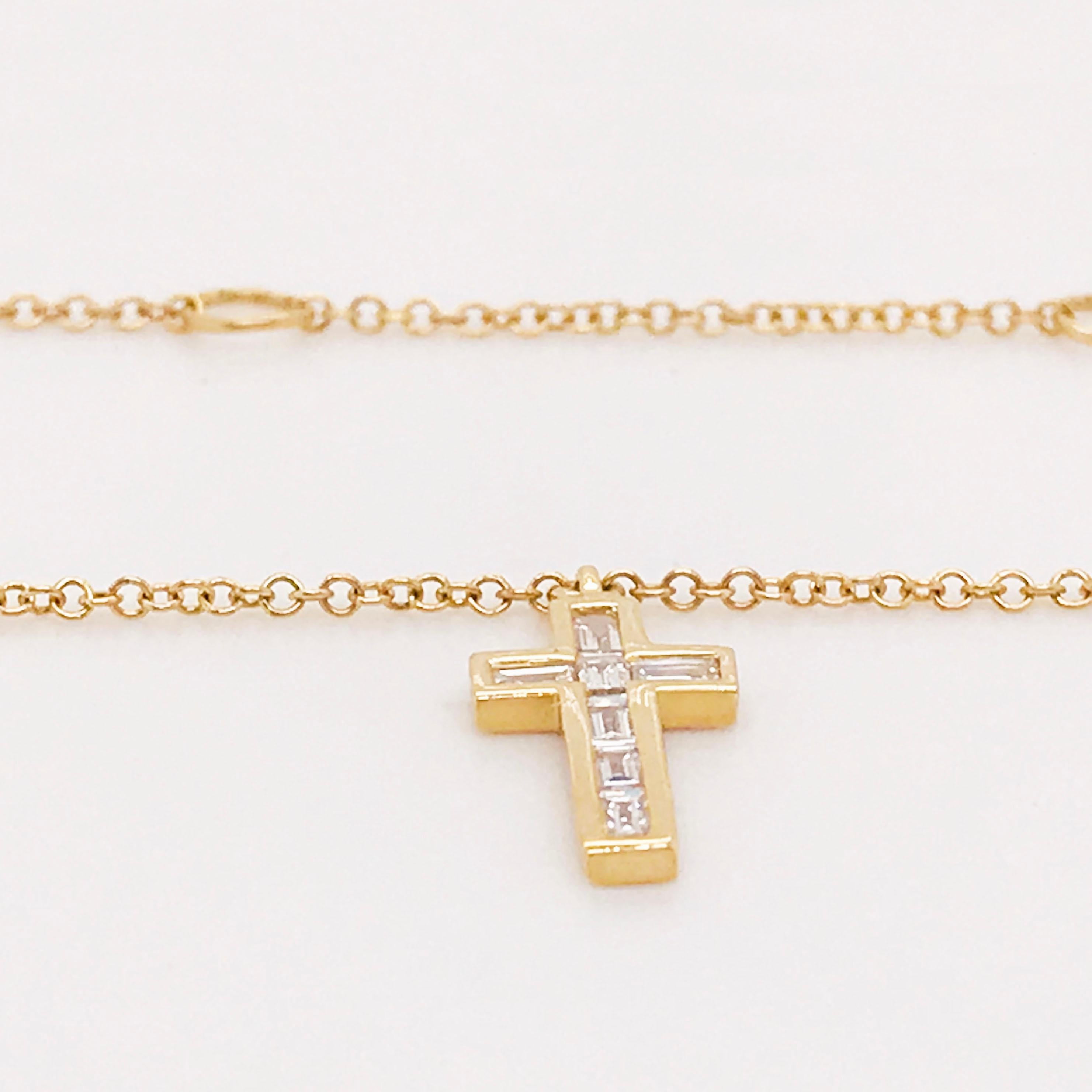 Contemporary Baguette Cross Necklace 1/5 Carat Diamonds Long with 14 Karat Yellow Chain