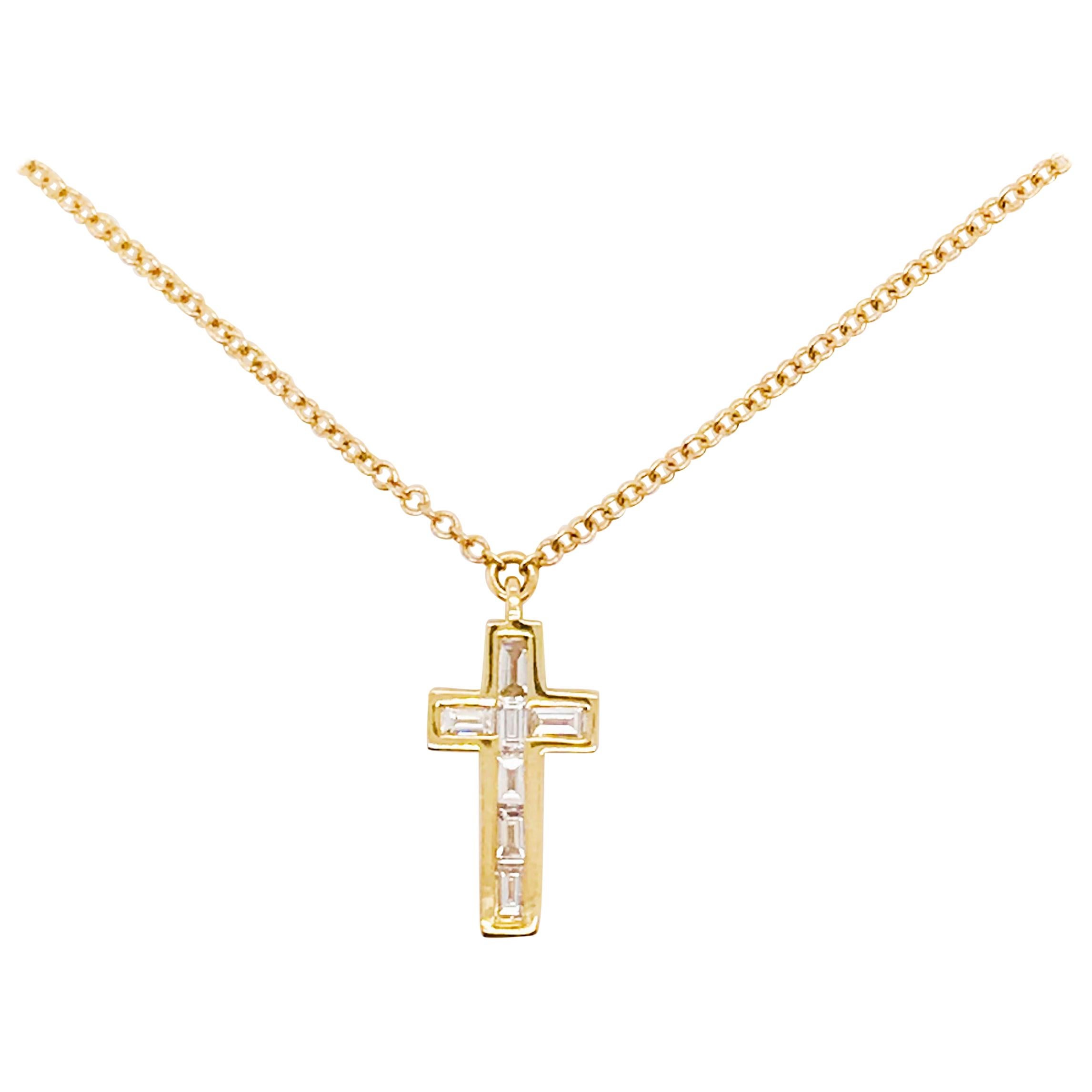 Baguette Cross Necklace 1/5 Carat Diamonds Long with 14 Karat Yellow Chain