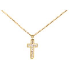 Baguette Cross Necklace 1/5 Carat Diamonds Long with 14 Karat Yellow Chain