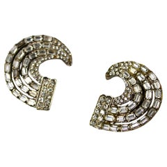 Baguette Crystal Crescent Statement Clip-On Earrings circa Mid-Century
