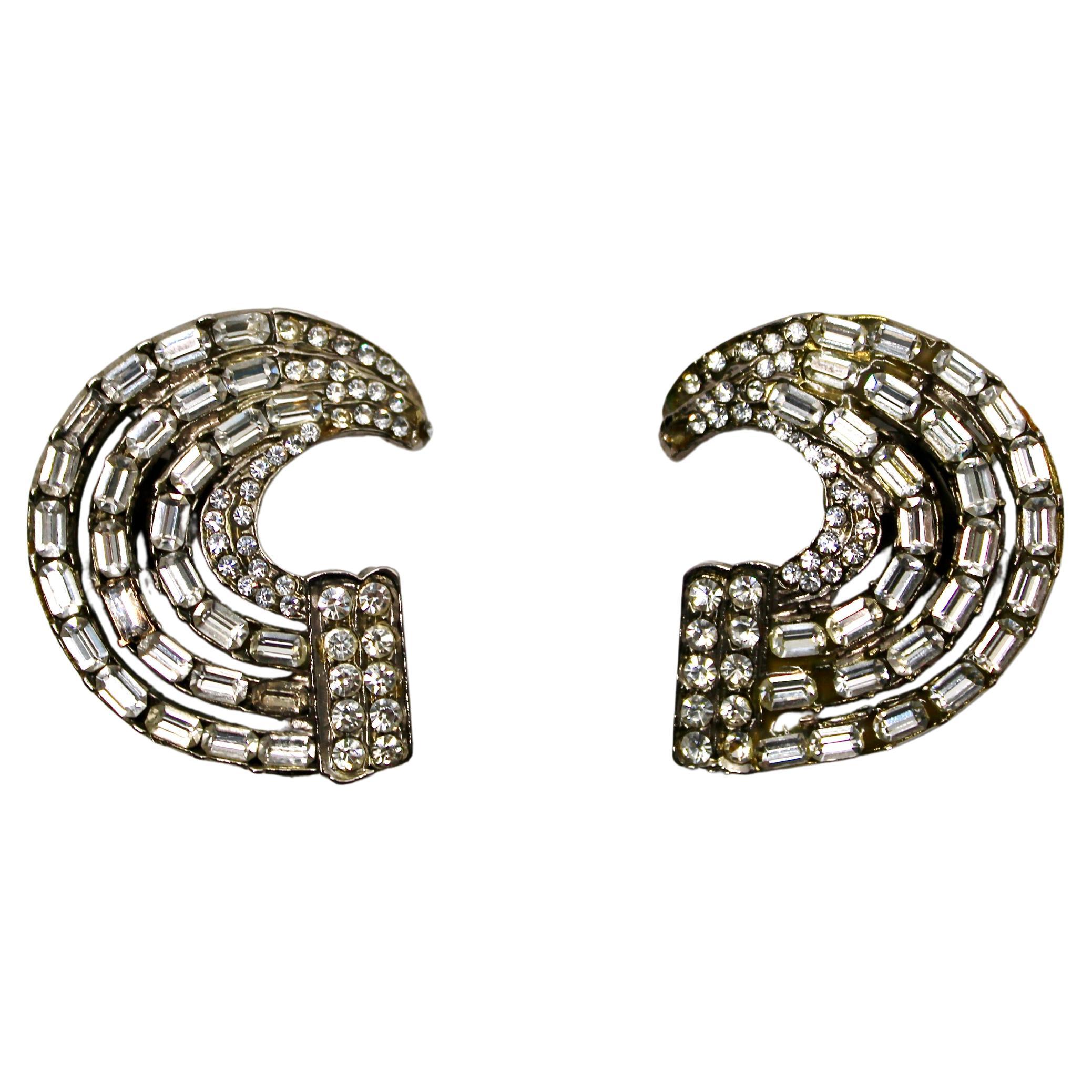 Baguette Crystal Crescent Statement Clip-On Earrings circa Mid-Century