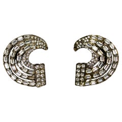 Baguette Crystal Crescent Statement Clip-On Earrings circa Mid-Century