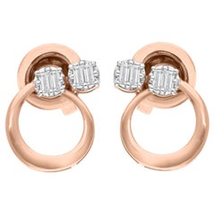 Baguette Cut 0.11Ct Certified Diamond Stud Earrings 14K Rose Gold Fine Jewelry