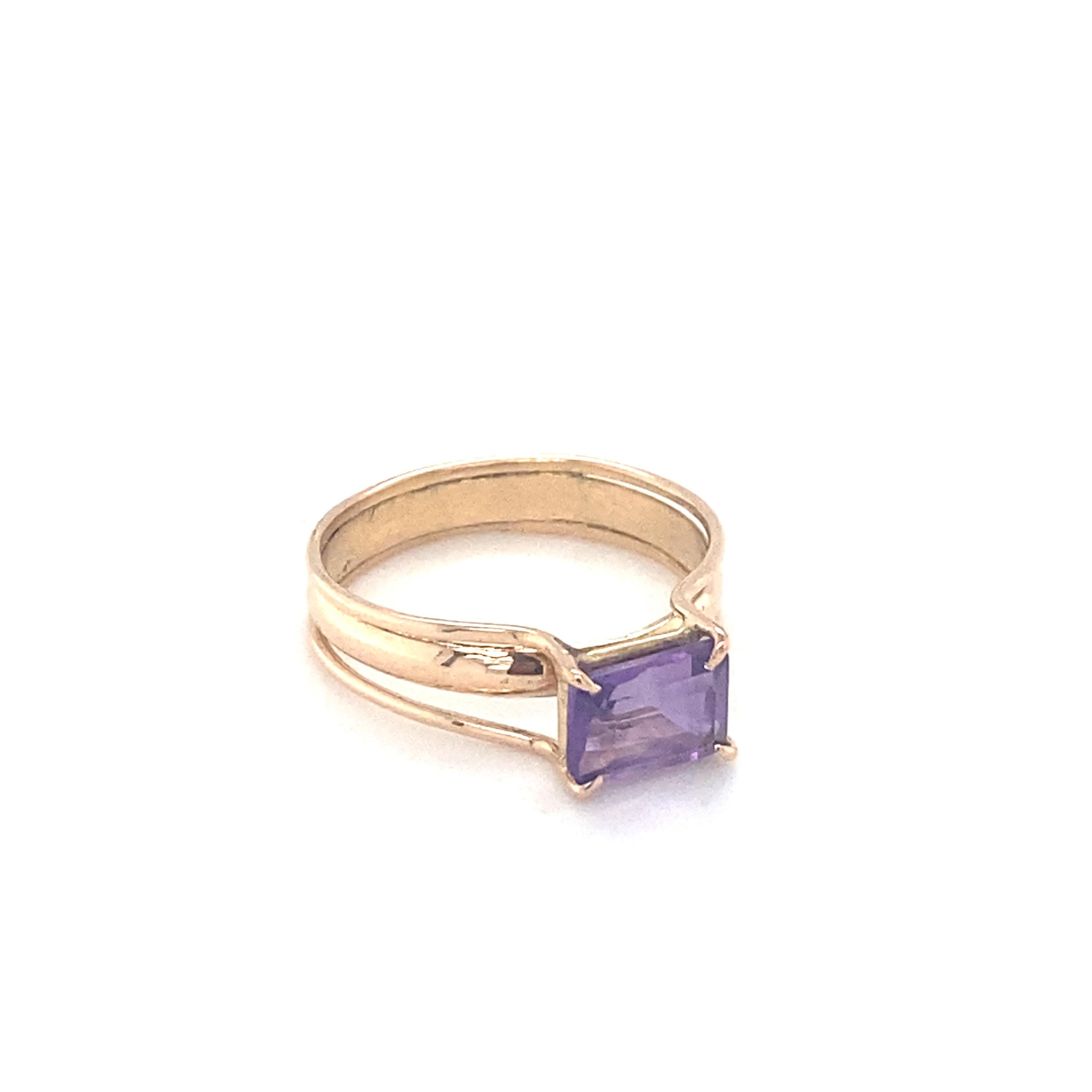 Baguette cut amethyst is mounted in 14K yellow gold. Beautifully hand crafted ring is suitable for everyday wear. Carefully chosen gem stone is hand cut and polished. One of a kind ring to suit your style.
Images are enlarged.
Weight of gem: 1.30