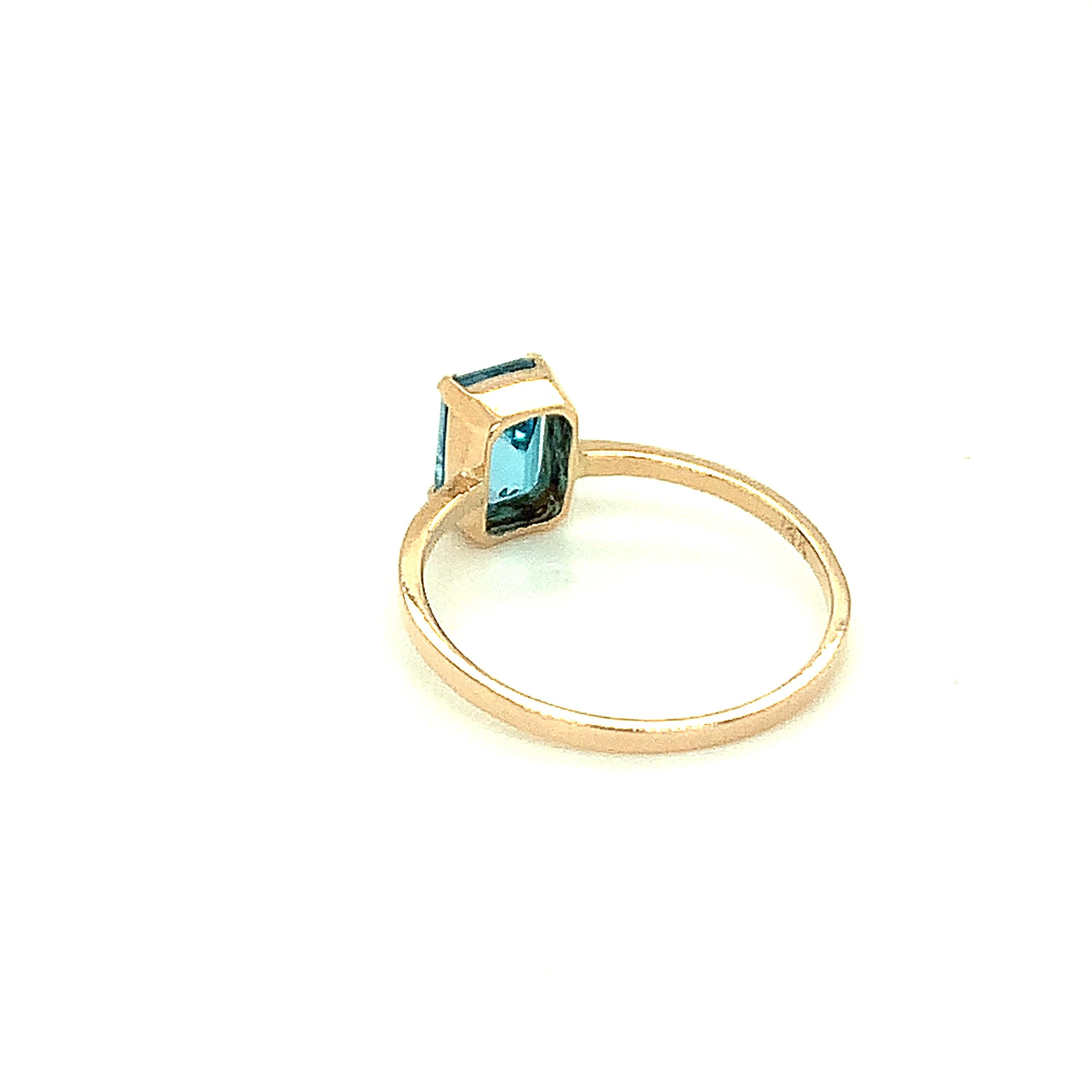 Baguette Cut Blue Topaz 14k Yellow Gold Ring For Sale 5