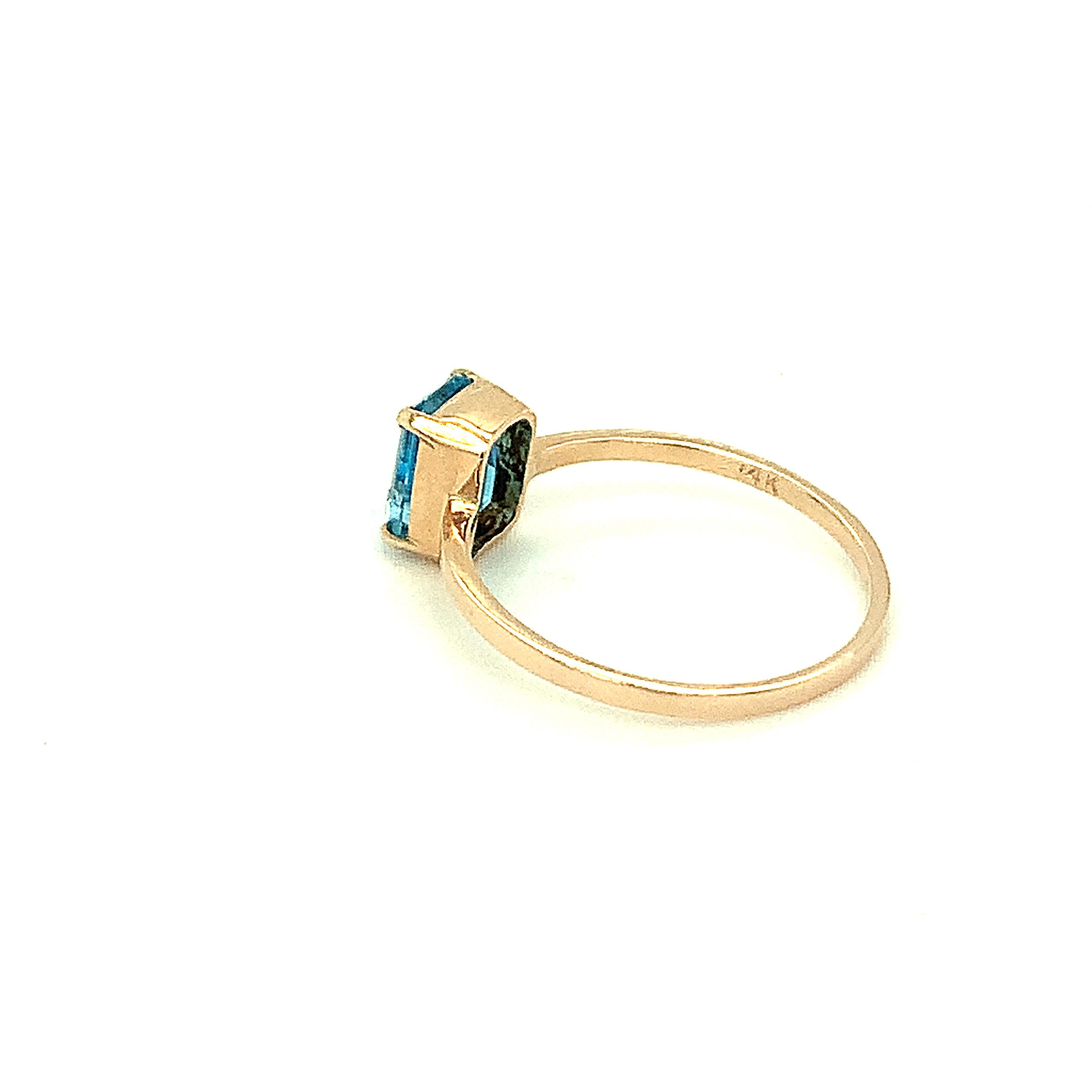 Swiss Blue blue topaz is set with four prongs thin band in 14K yellow gold. 
This simple setting is suitable for daily wear. 
Beautifully made by hand.
Ethically sourced natural gem stone.