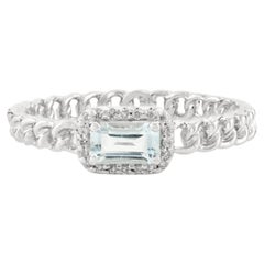 Hochzeitsring mit blauem Topas im Baguetteschliff und Diamant 14K Weißgold Geschenke für Mutter