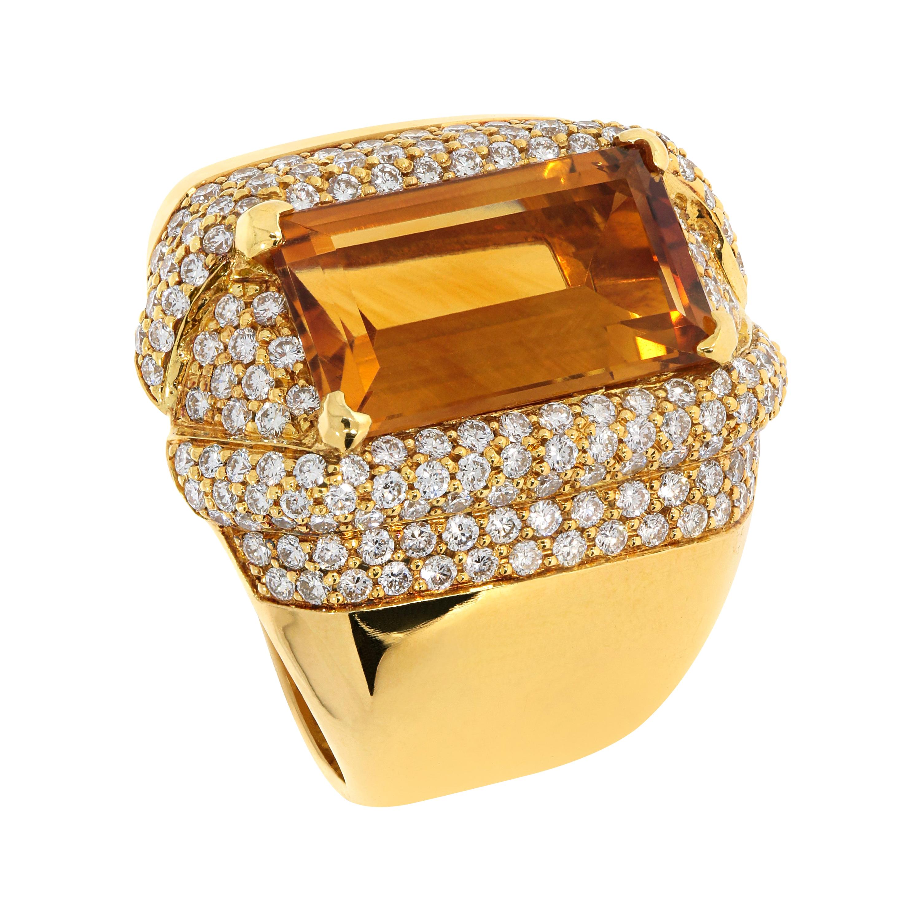 Rosior "Baguette" Cut Citrine Topaz and Diamond Cocktail Ring set in Yellow Gold