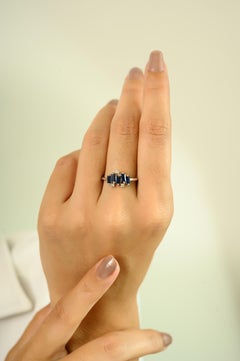 Baguette-Cut Deep Blue Sapphires Cluster Ring Crafted in 14K White Gold for Her