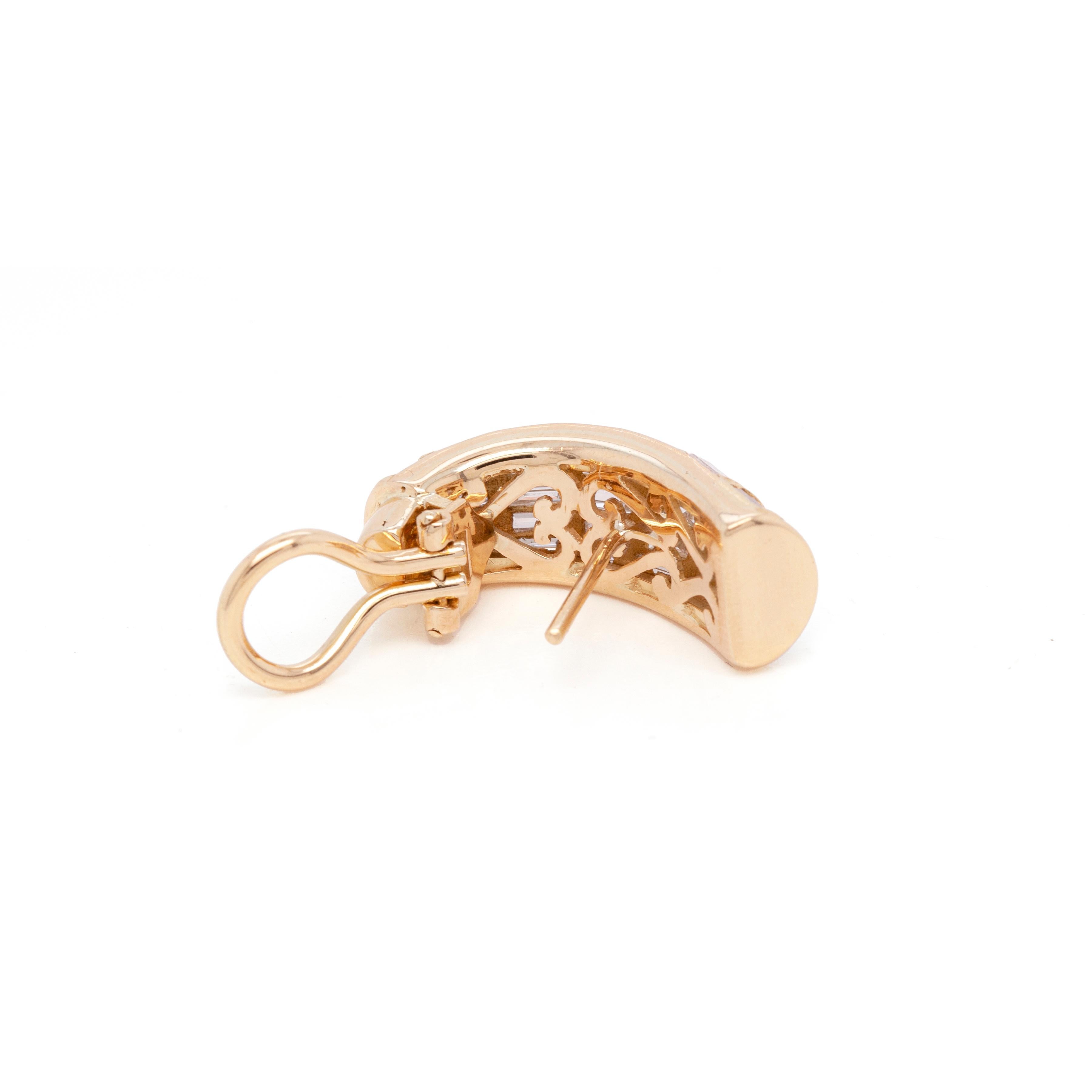 Modern Baguette Cut Diamond 18 Carat Yellow Gold Dome J-Hoop Earrings For Sale