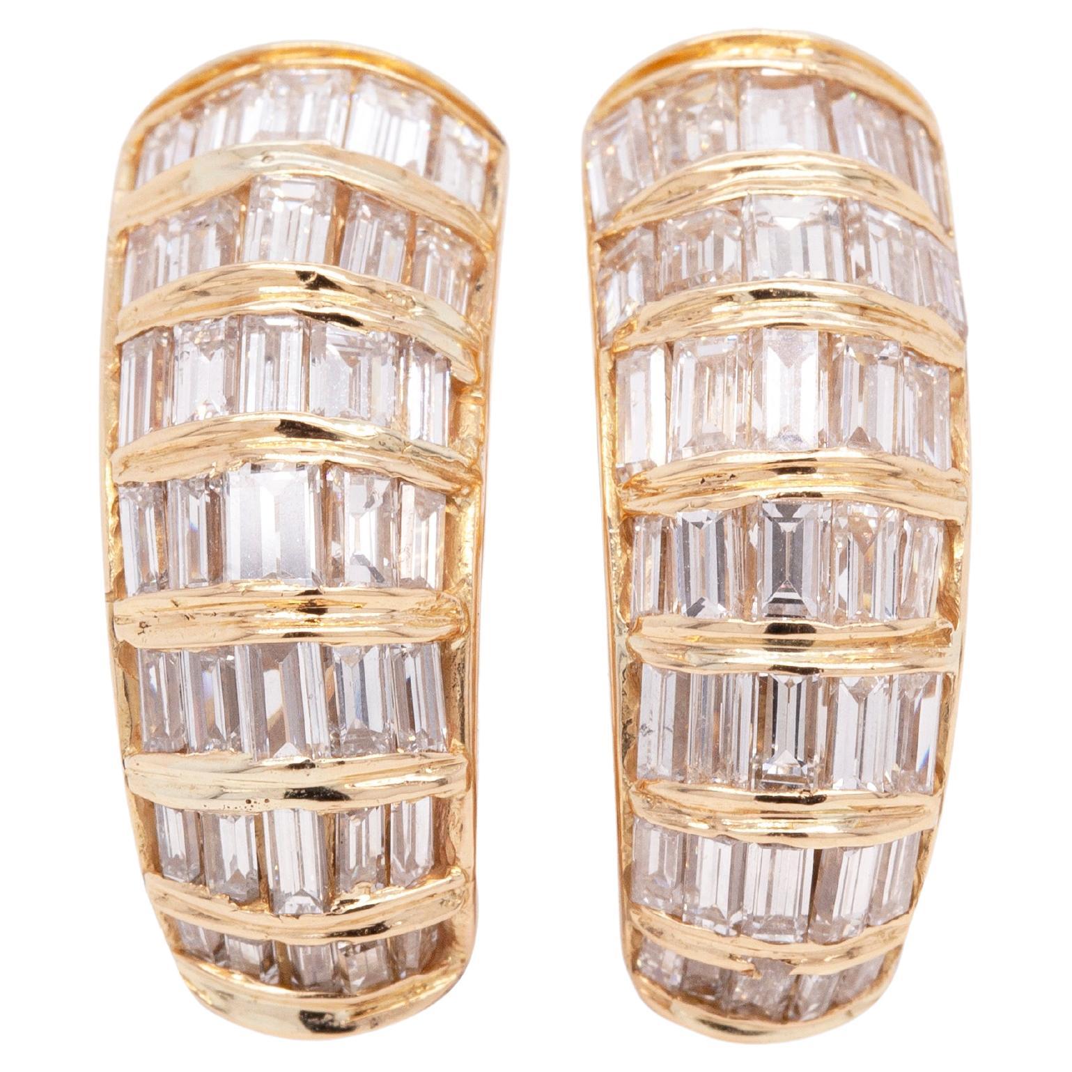 Baguette Cut Diamond 18 Carat Yellow Gold Dome J-Hoop Earrings For Sale