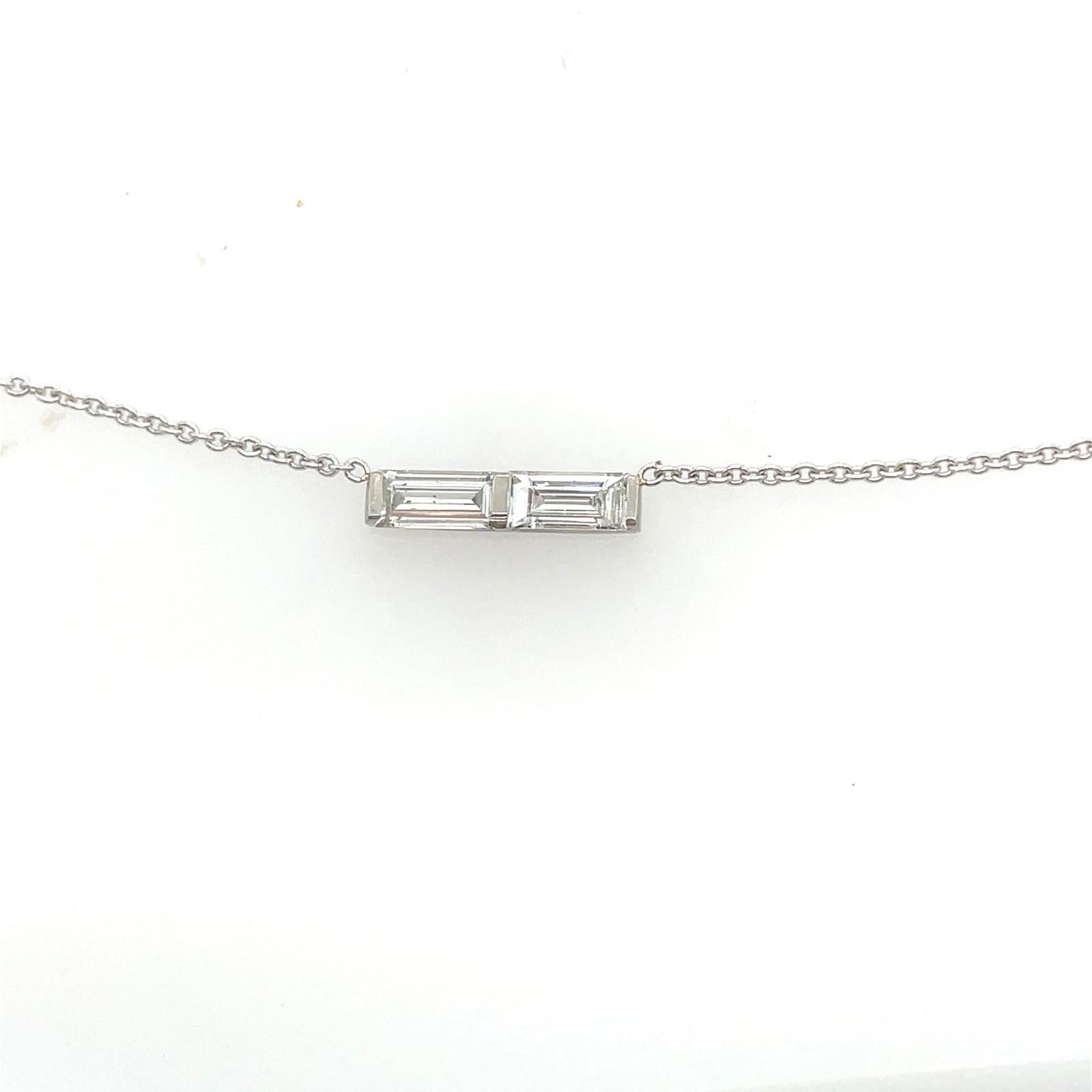 Women's or Men's Baguette Cut Duo Diamond Bar pendant in Platinum and 18k White gold For Sale