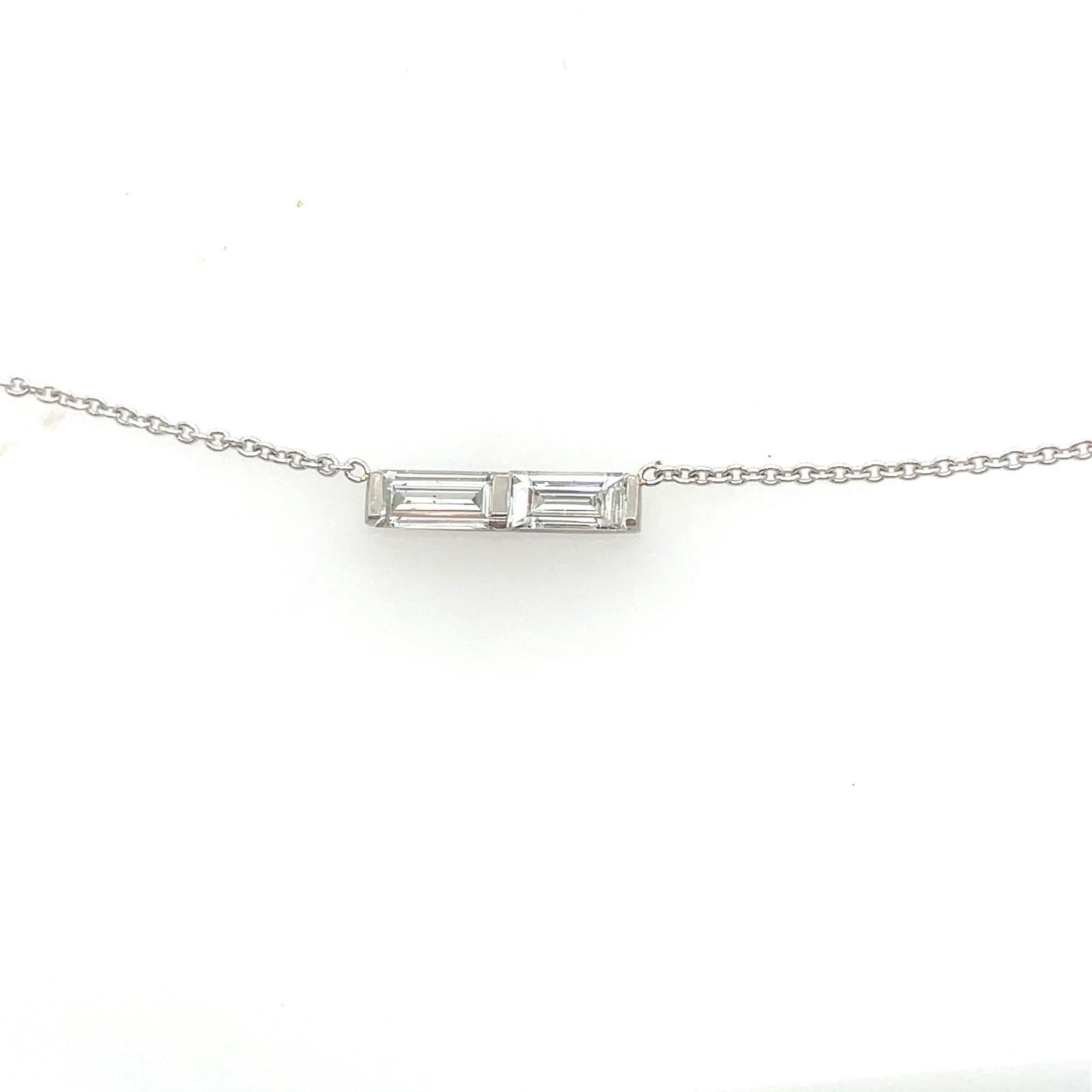Baguette Cut Duo Diamond Bar pendant in Platinum and 18k White gold For Sale 2