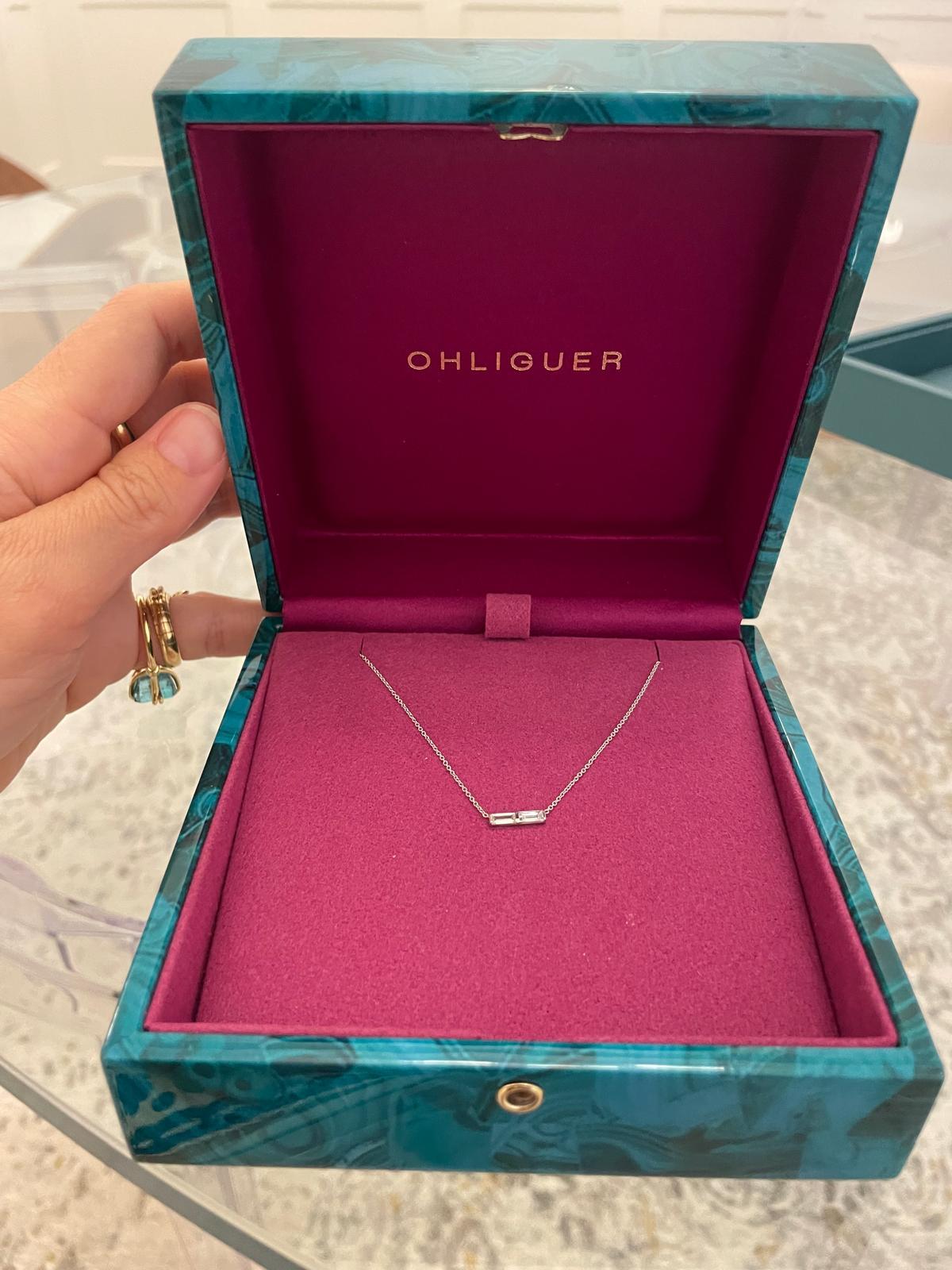 Baguette Cut Duo Diamond Bar pendant in Platinum and 18k White gold For Sale 3