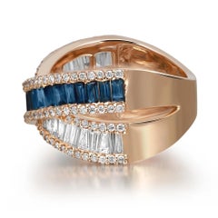 Baguette Cut Diamond & Blue Sapphire Crisscross Band Ring 14K Yellow Gold Size 7
