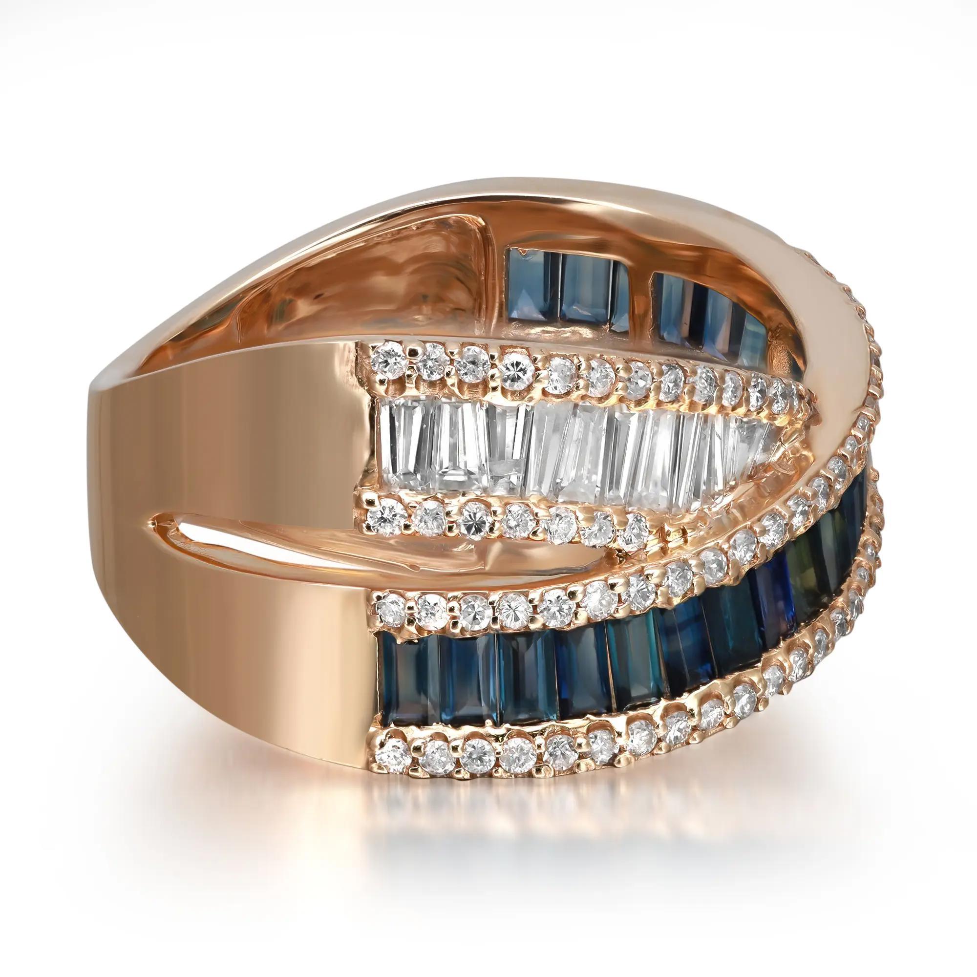 Taille baguette Bague croisée en or jaune 14 carats, diamant taille baguette et saphir bleu taille 7 en vente
