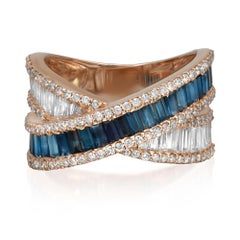 Anello a fascia incrociata con diamante e zaffiro blu taglio baguette in oro giallo 14K misura 7