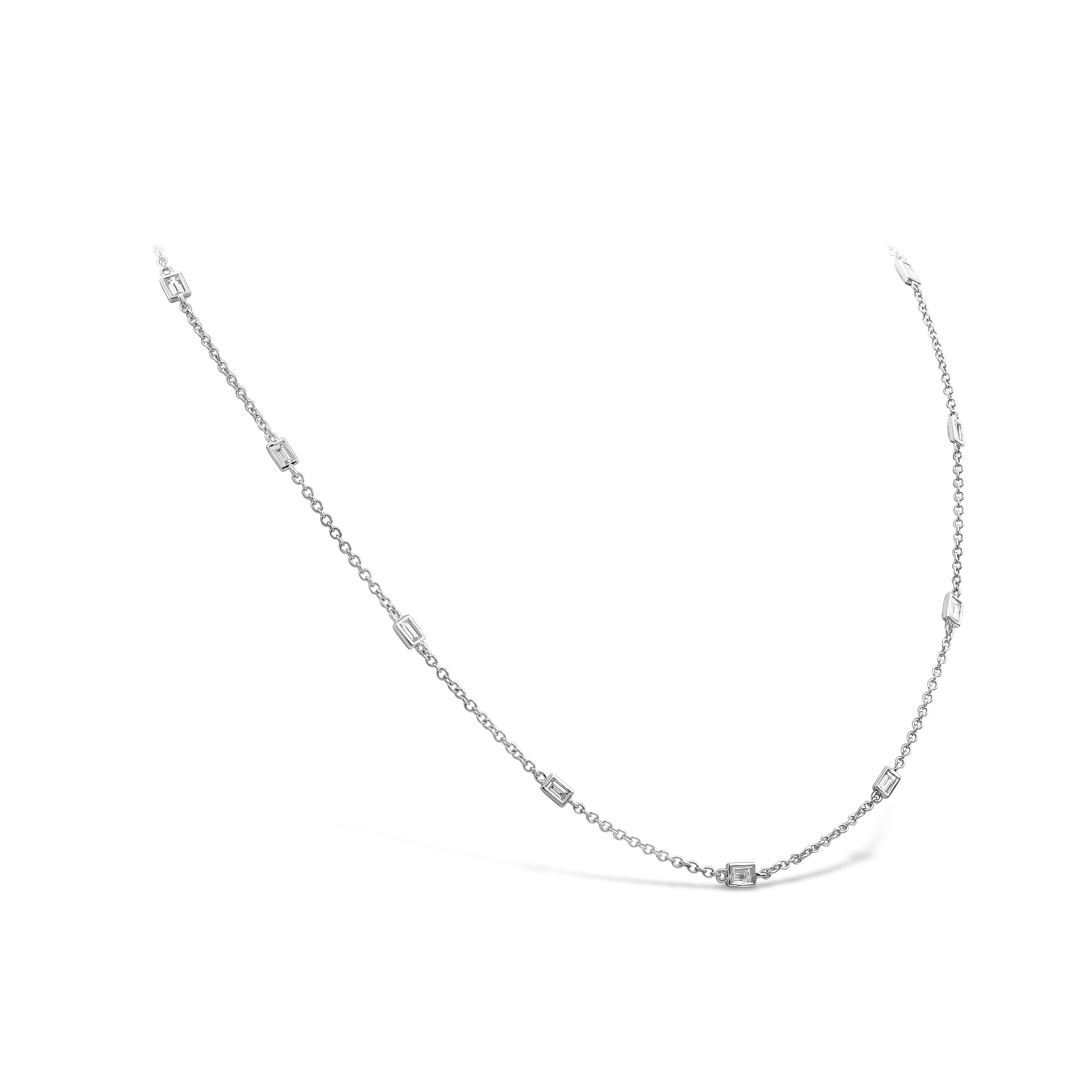 A beautiful and simple diamonds by the yard necklace showcasing baguette cut diamonds bezel set and spaced evenly with 18k white gold . Diamonds weigh 1.07 carats total F color and VS-VVS in clarity.

Roman Malakov is a custom house, specializing in
