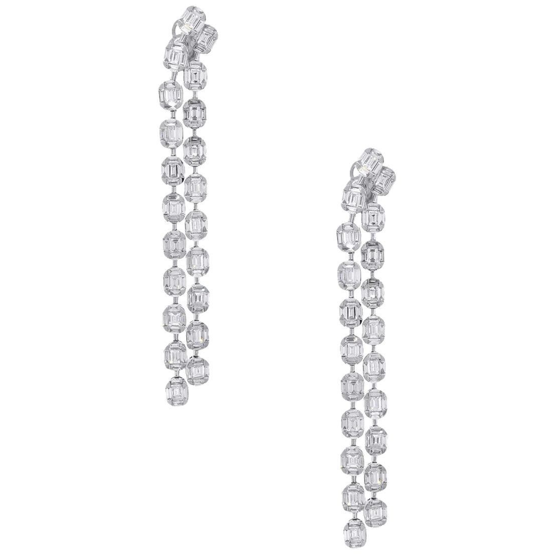 Baguette Cut Diamond Double Row Drop Earrings