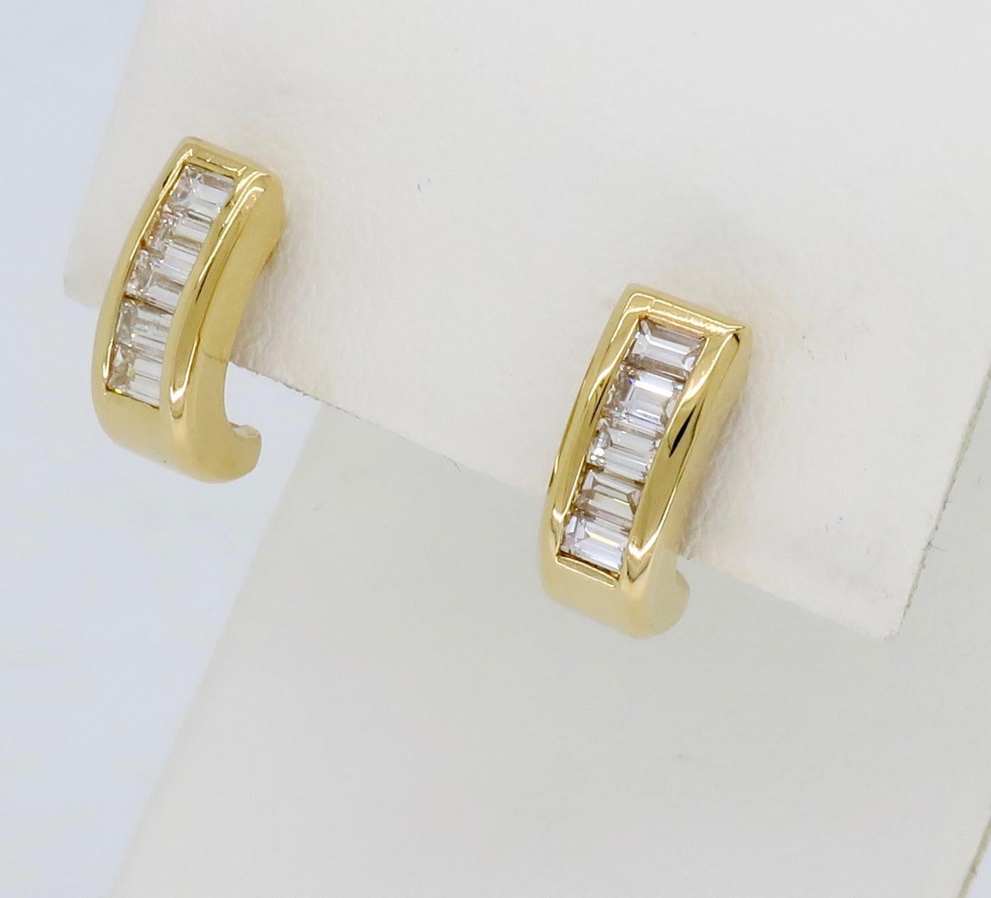 Stunning vertically set Baguette Cut Diamond earrings in 14k yellow gold. 

Diamond Carat Weight: Approximately .50CTW 
Diamond Cut:  Baguette Cut Diamonds
Color: Average G-I
Clarity: Average VS-SI
Metal: 14K Yellow Gold
Marked/Tested: Stamped
