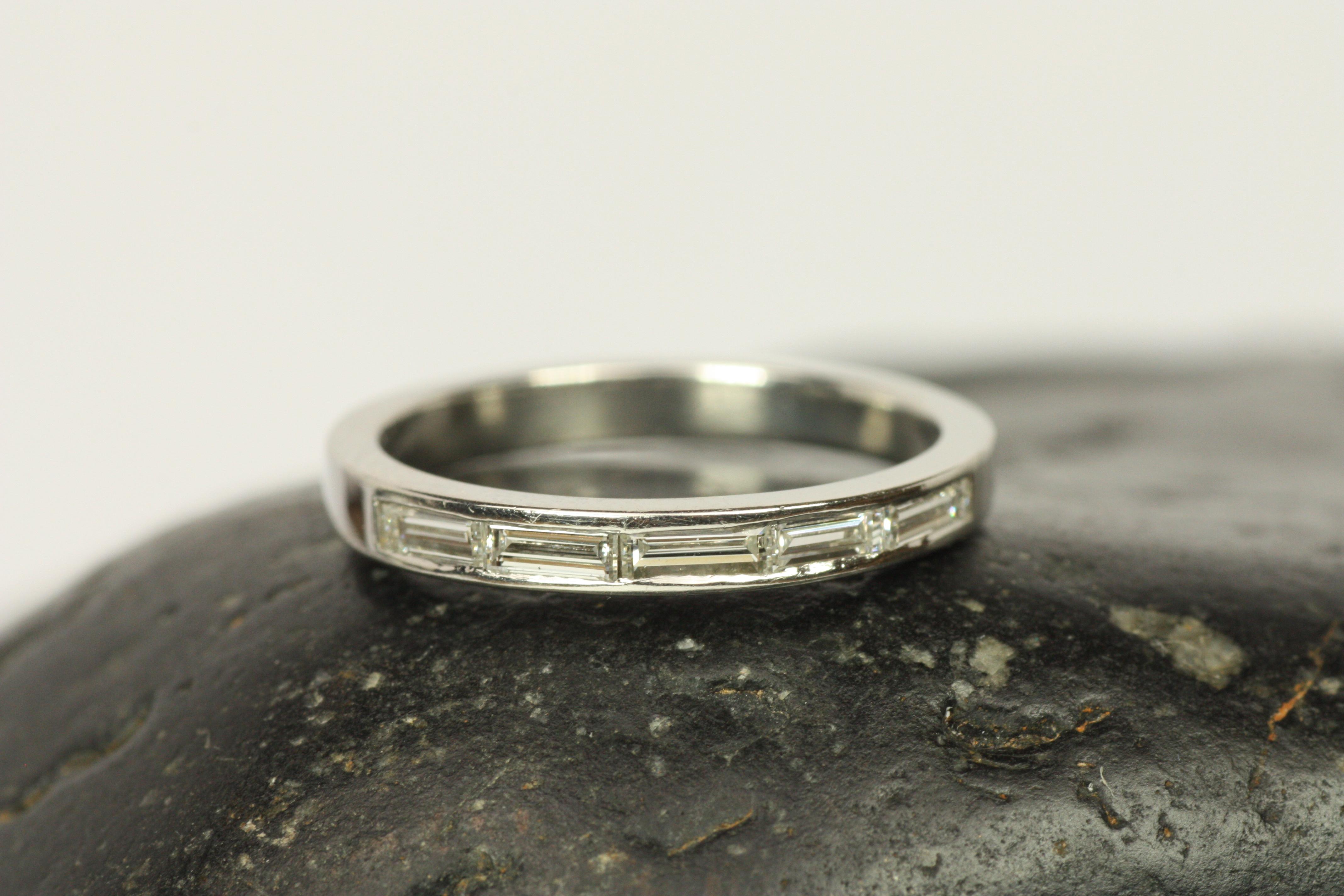 Modern Baguette Cut Diamond Half Eternity Channel Set Platinum Wedding Band For Sale