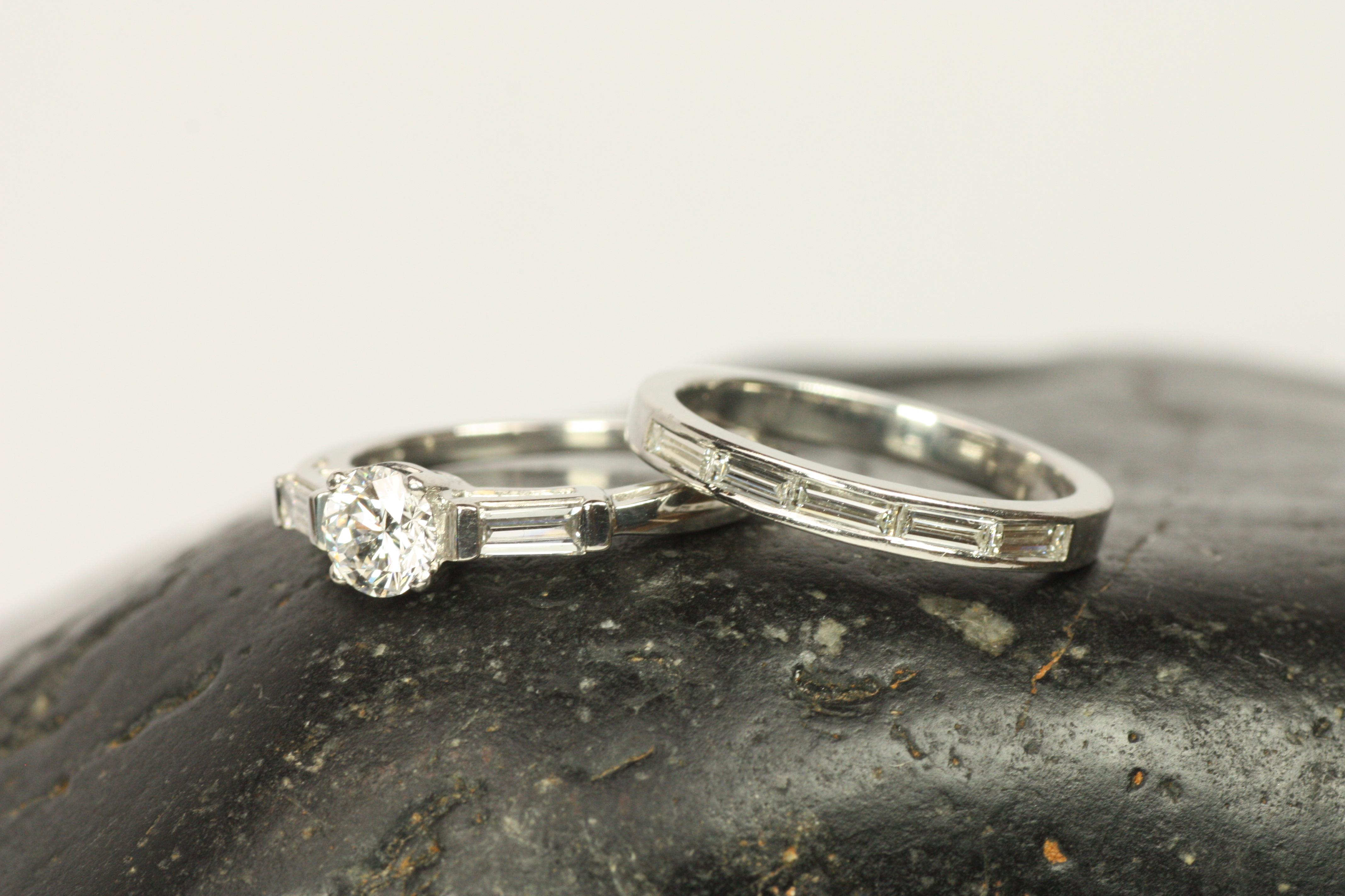 Women's Baguette Cut Diamond Half Eternity Channel Set Platinum Wedding Band For Sale