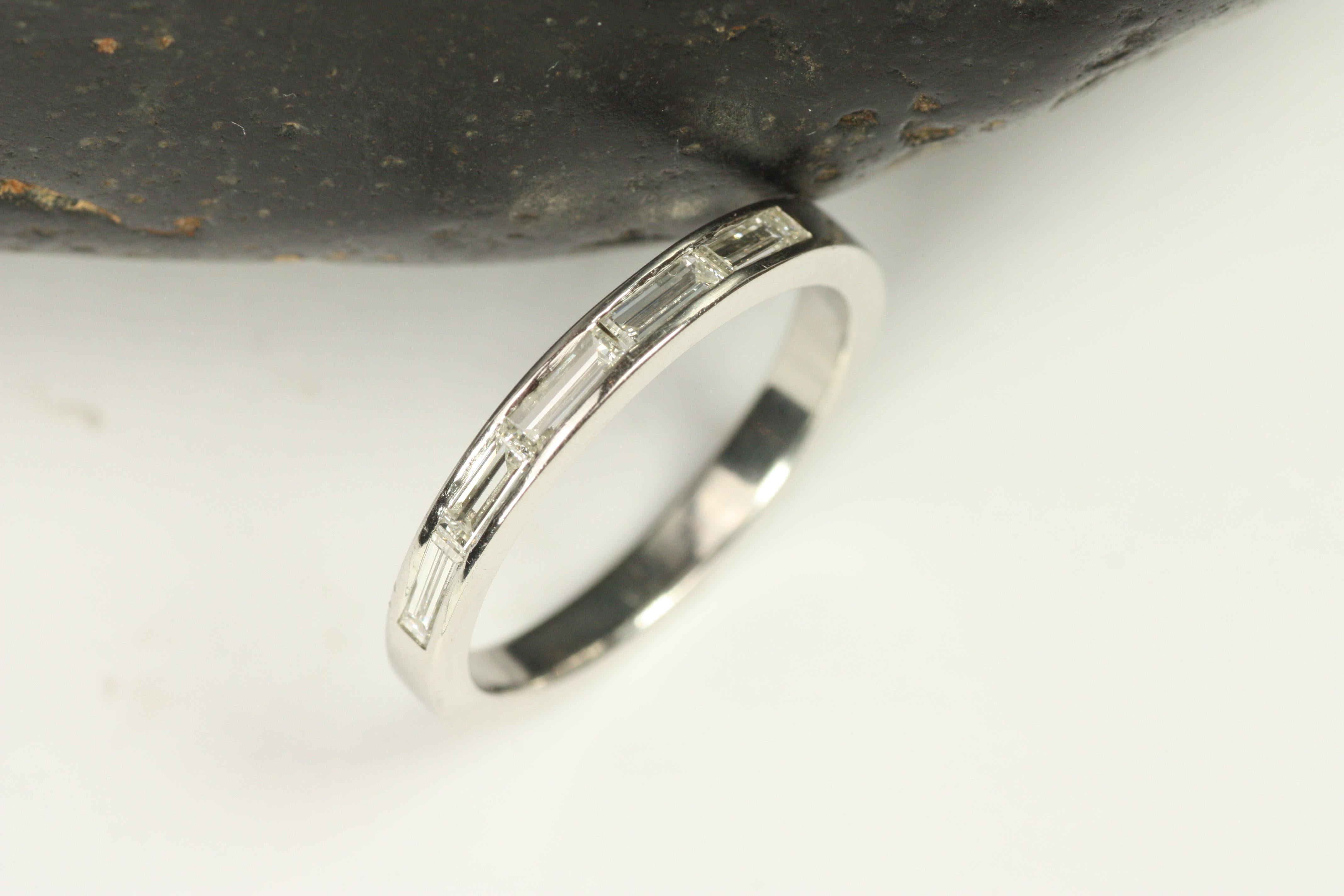 Baguette Cut Diamond Half Eternity Channel Set Platinum Wedding Band For Sale 1