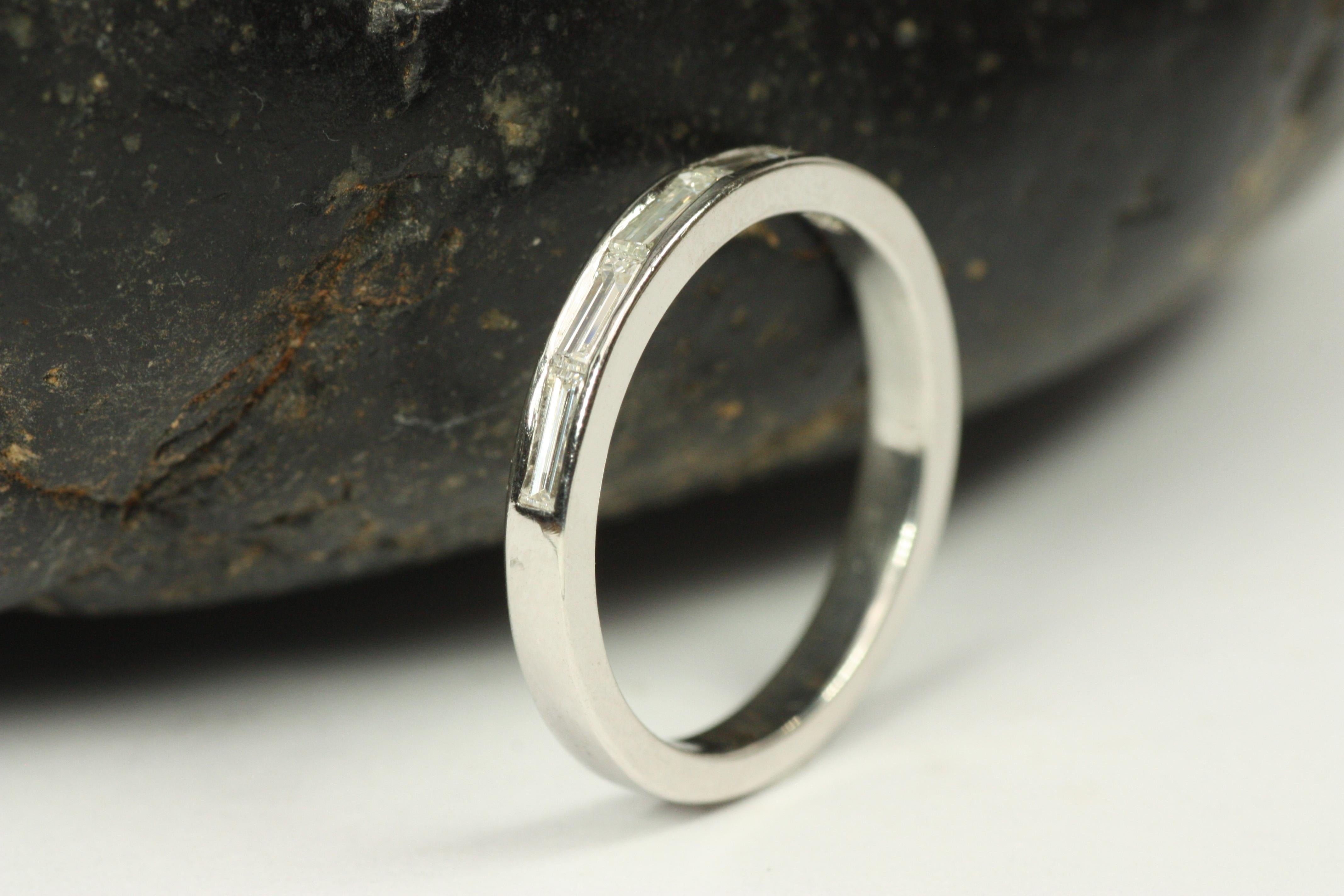 Baguette Cut Diamond Half Eternity Channel Set Platinum Wedding Band For Sale 2