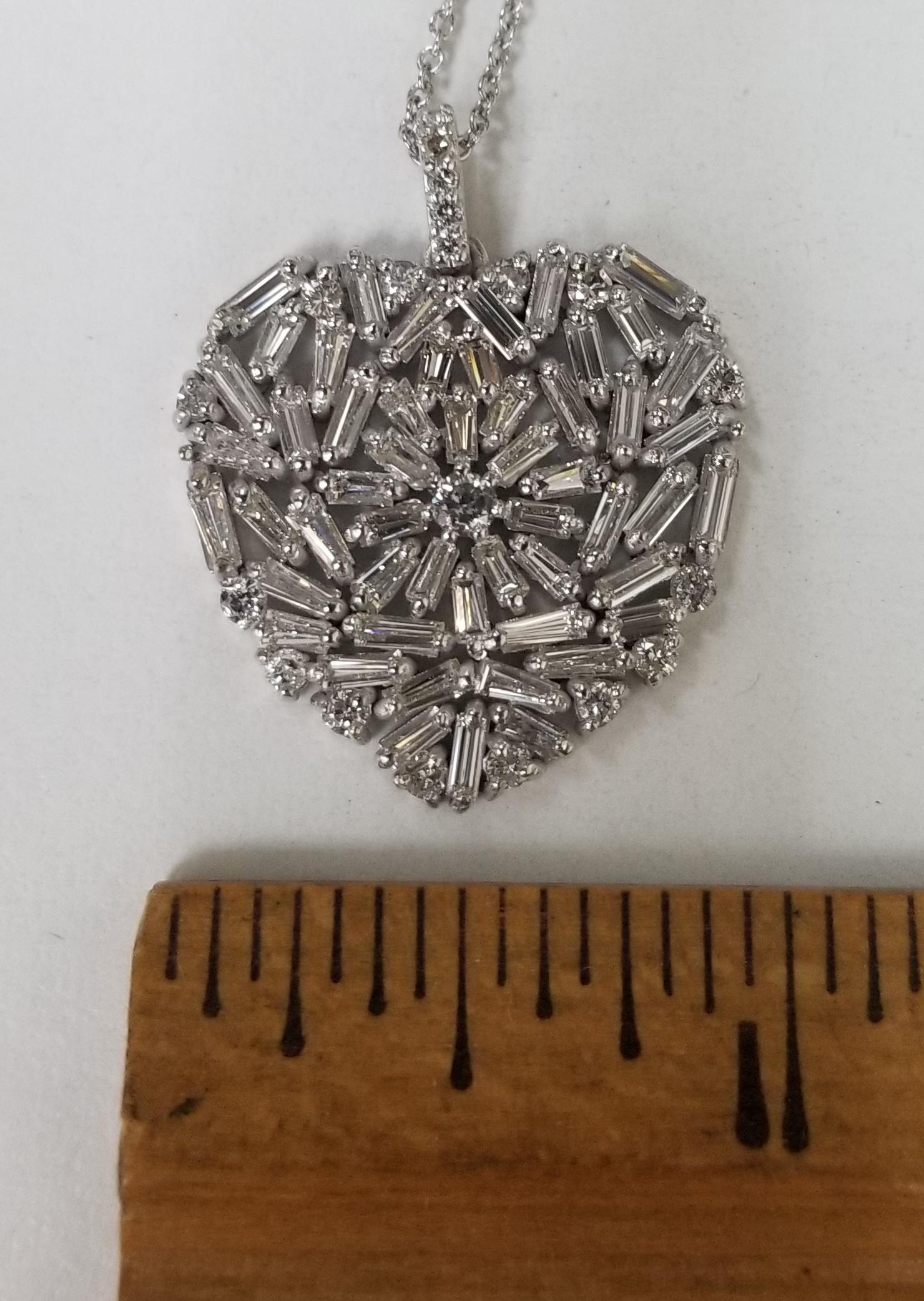 Women's or Men's Baguette cut diamond heart set in 14k white gold total weight 2.81cts. For Sale