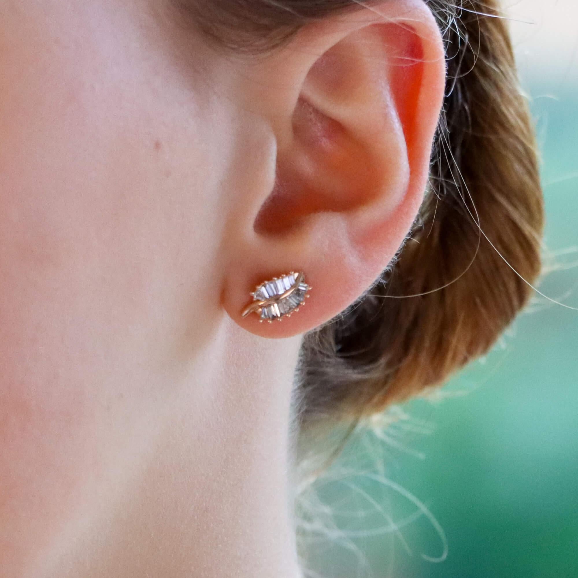 Modern Baguette Cut Diamond Leaf Stud Earrings Set in 18 Karat Rose Gold For Sale