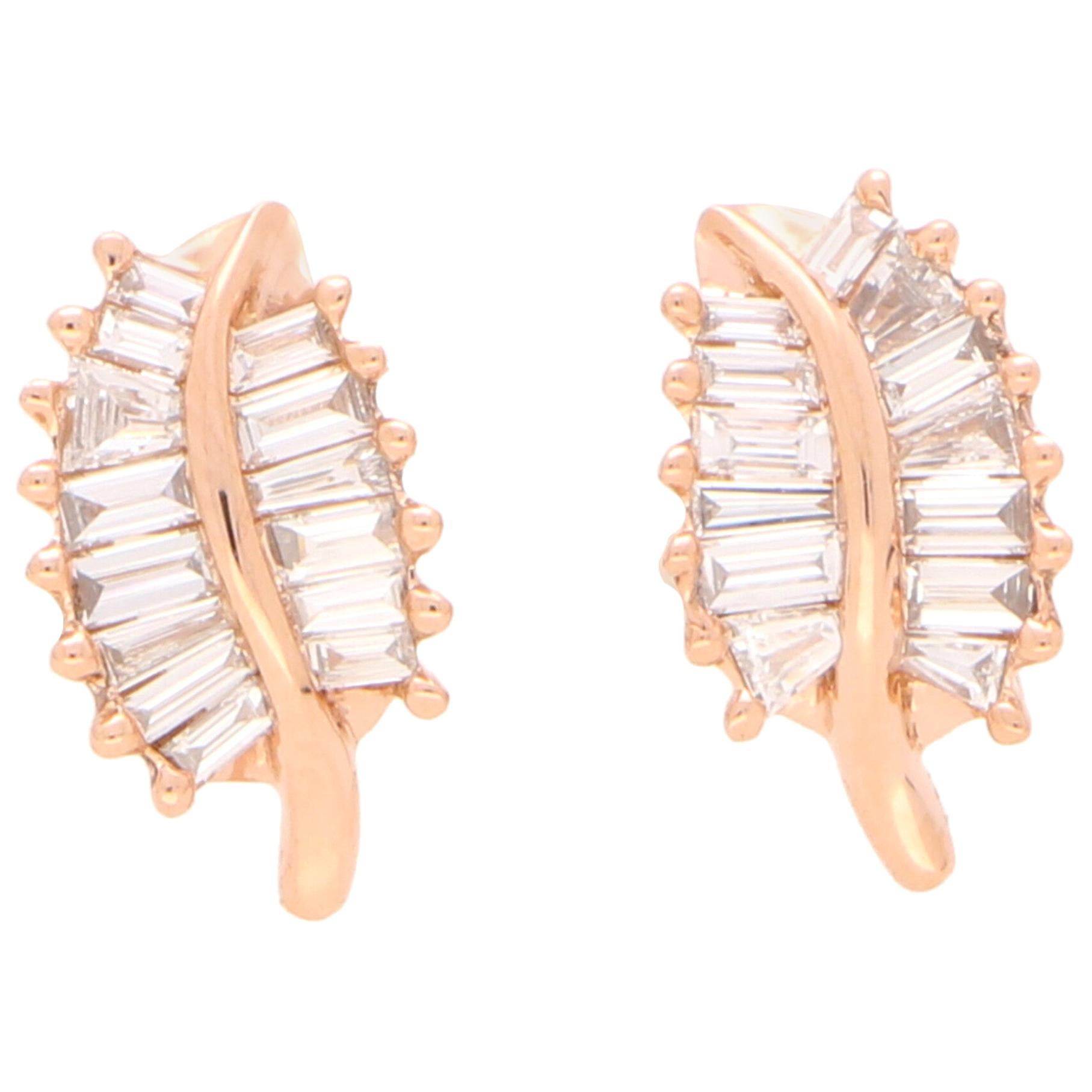 Baguette Cut Diamond Leaf Stud Earrings Set in 18 Karat Rose Gold For Sale