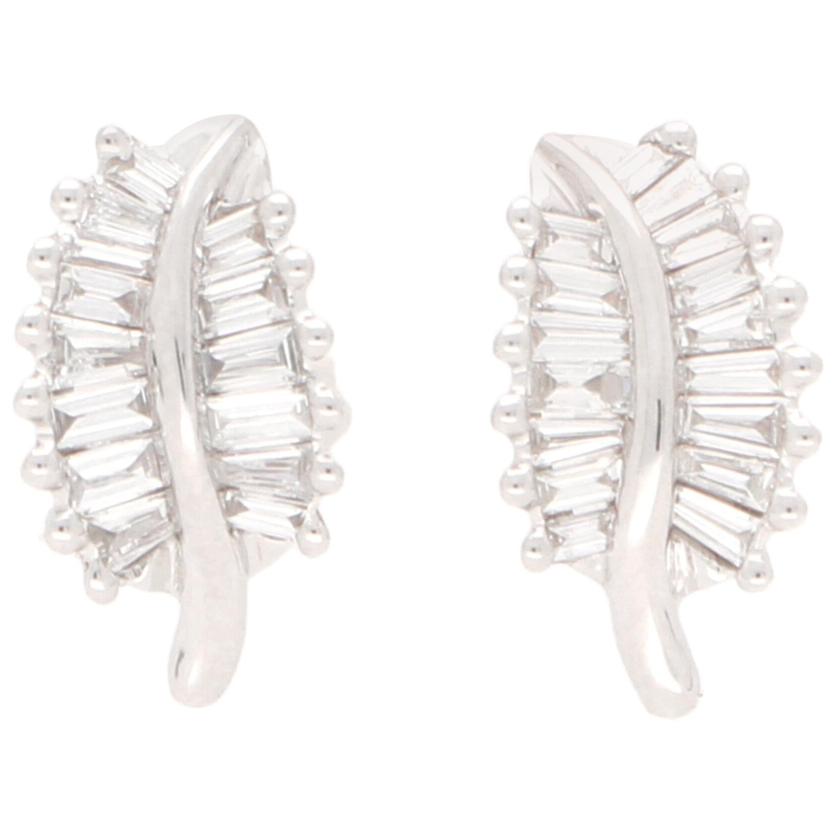 Baguette Cut Diamond Leaf Stud Earrings Set in 18 Karat White Gold